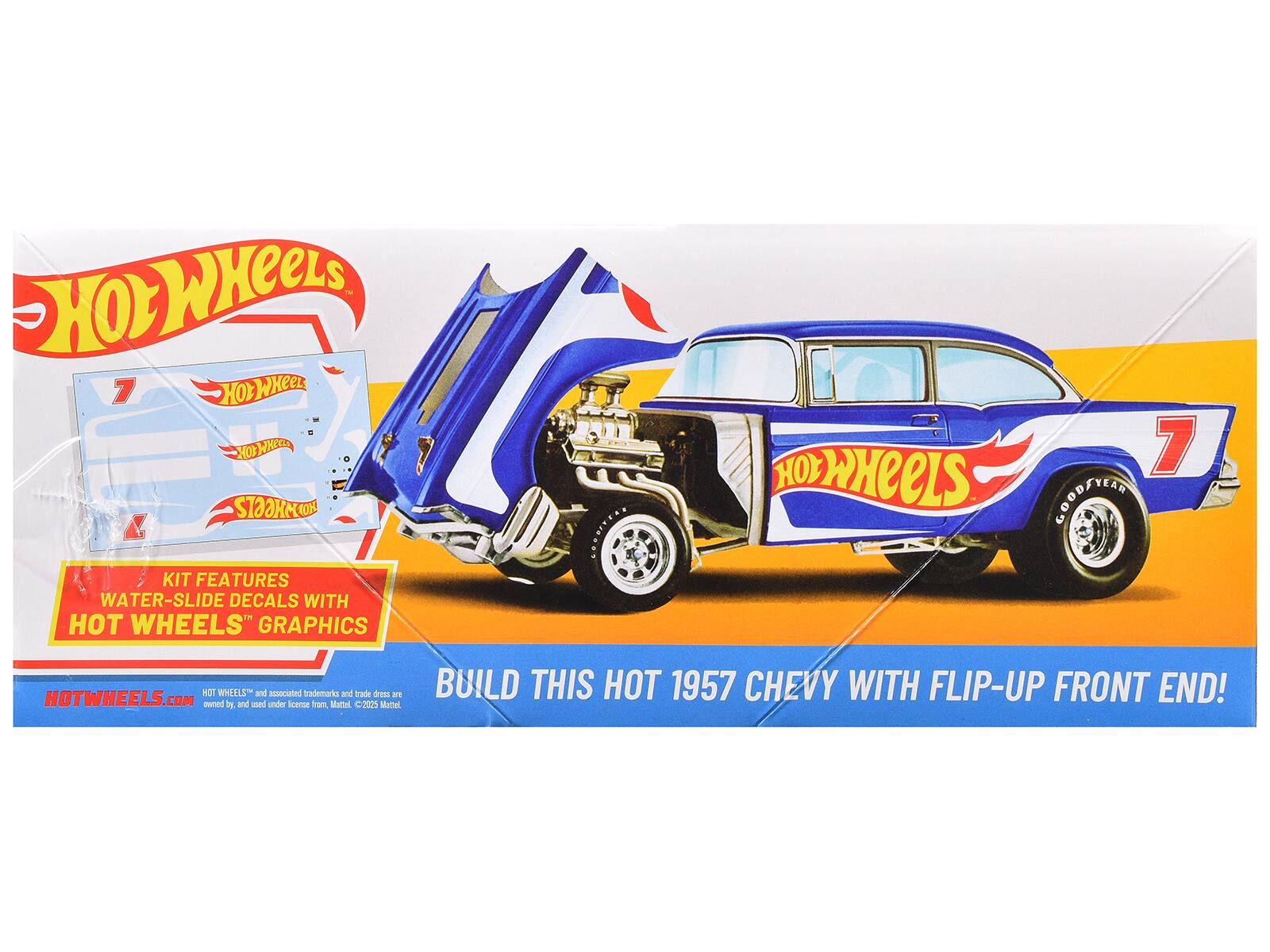 Hot Wheels HOX 7 Hot Wheels MO WHOR STAOKATO KIT FEATURES WATER-SLIDE DECALS WITH HOT WHEELS GRAPHICS COONITOE HOL 7 HOWHEELS COODENES NO1 WHELLS and associated trademarks and trade dress are HOTWHEELS.COM owned by and used under license from Mattel 2005 Mattel BUILD THIS HOT 1957 CHEVY WITH FLIP-UP FRONT END!