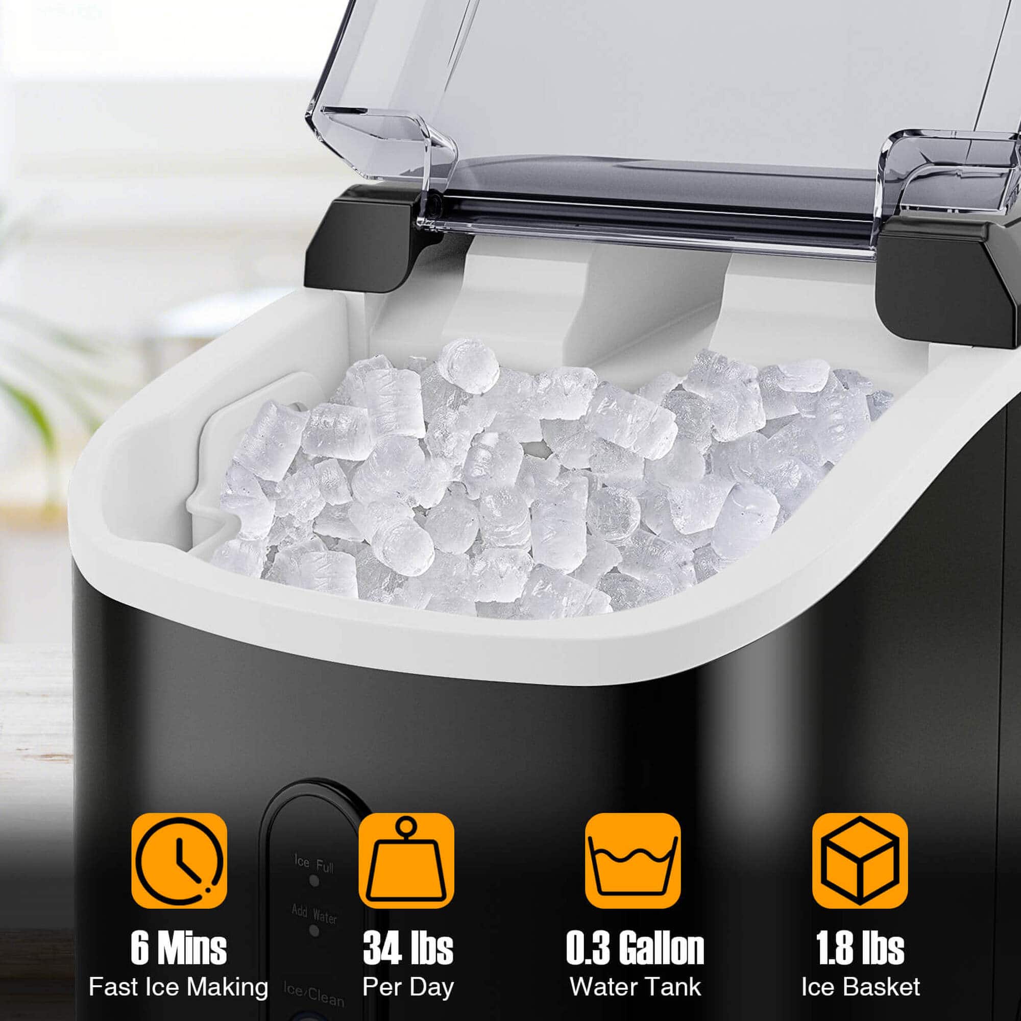 The text on the image can be grouped and corrected as follows:
1. Ice Full: The ice maker is full of ice.
2. Add Water: The ice maker needs water to produce more ice.
3. 6 Mins: It takes 6 minutes for the ice maker to make ice.
4. 34 lbs: The ice maker can produce 34 pounds of ice per day.
5. Fast Ice Making: The ice maker makes ice quickly.
6. Ice/Clean Per Day: The ice maker can produce and clean ice per day.
7. 0.3 Gallon Water Tank: The ice maker has a 0.3 gallon water tank.
8. 1.8 lbs Ice Basket: The ice maker can hold 1.8 pounds of ice in its basket.