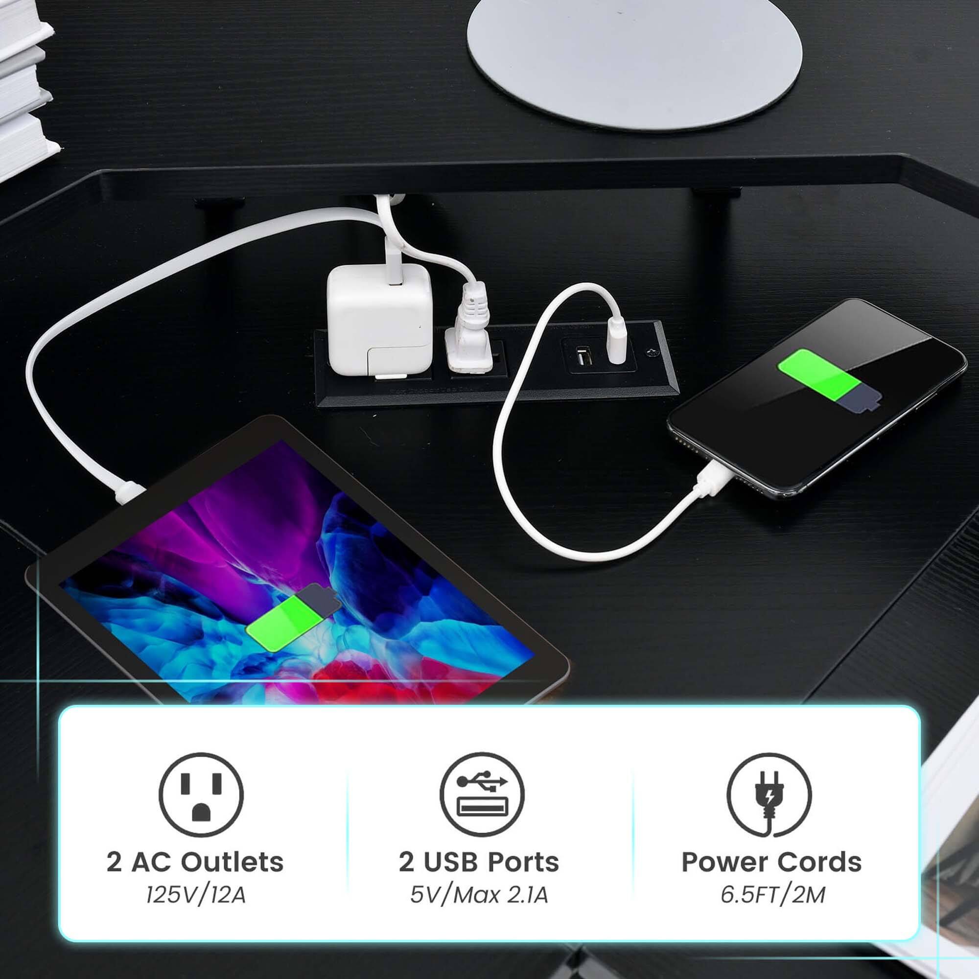 2 AC Outlets  
125V/12A  

2 USB Ports  
5V/Max 2.1A  

Power Cords  
6.5FT/2M