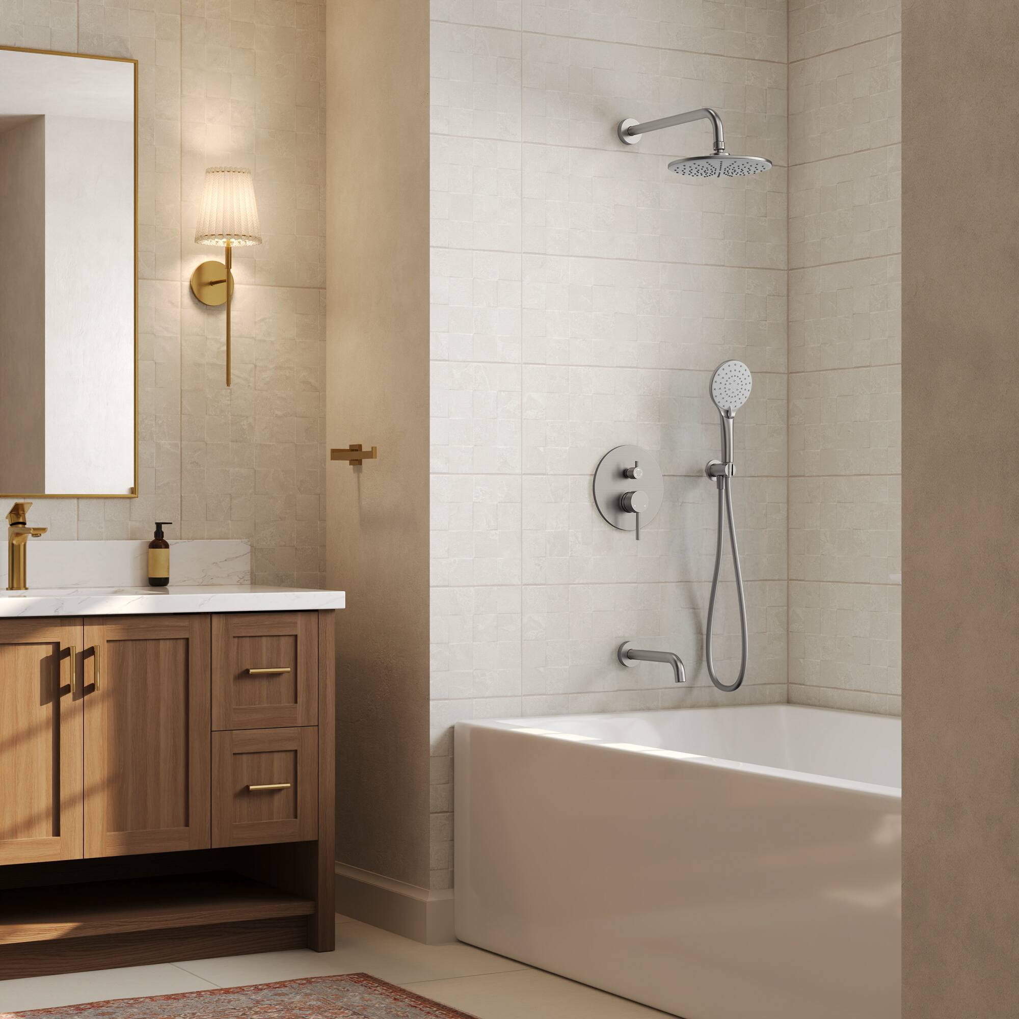 Left. GRANDJOY - 3-Function Shower Faucet Set with 10" Rainfall Head, Handheld Sprayer and Shower Valve Combo - Brushed Nickel.