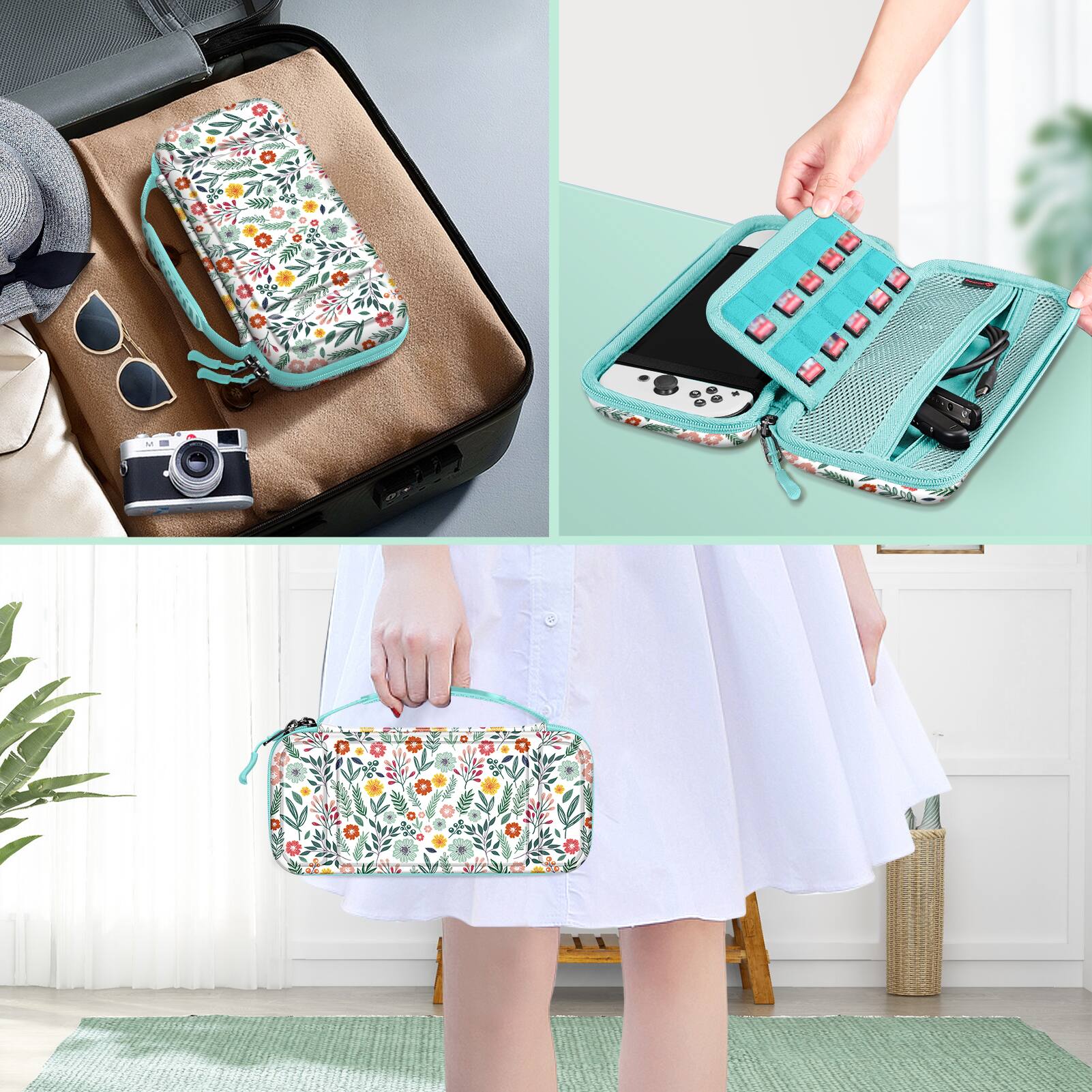 Alt View 4. Fintie - Carrying Case for Nintendo Switch (2017) / Nintendo Switch OLED Model (2021) Shockproof Portable Travel Storage Bag - Spring Bloom.