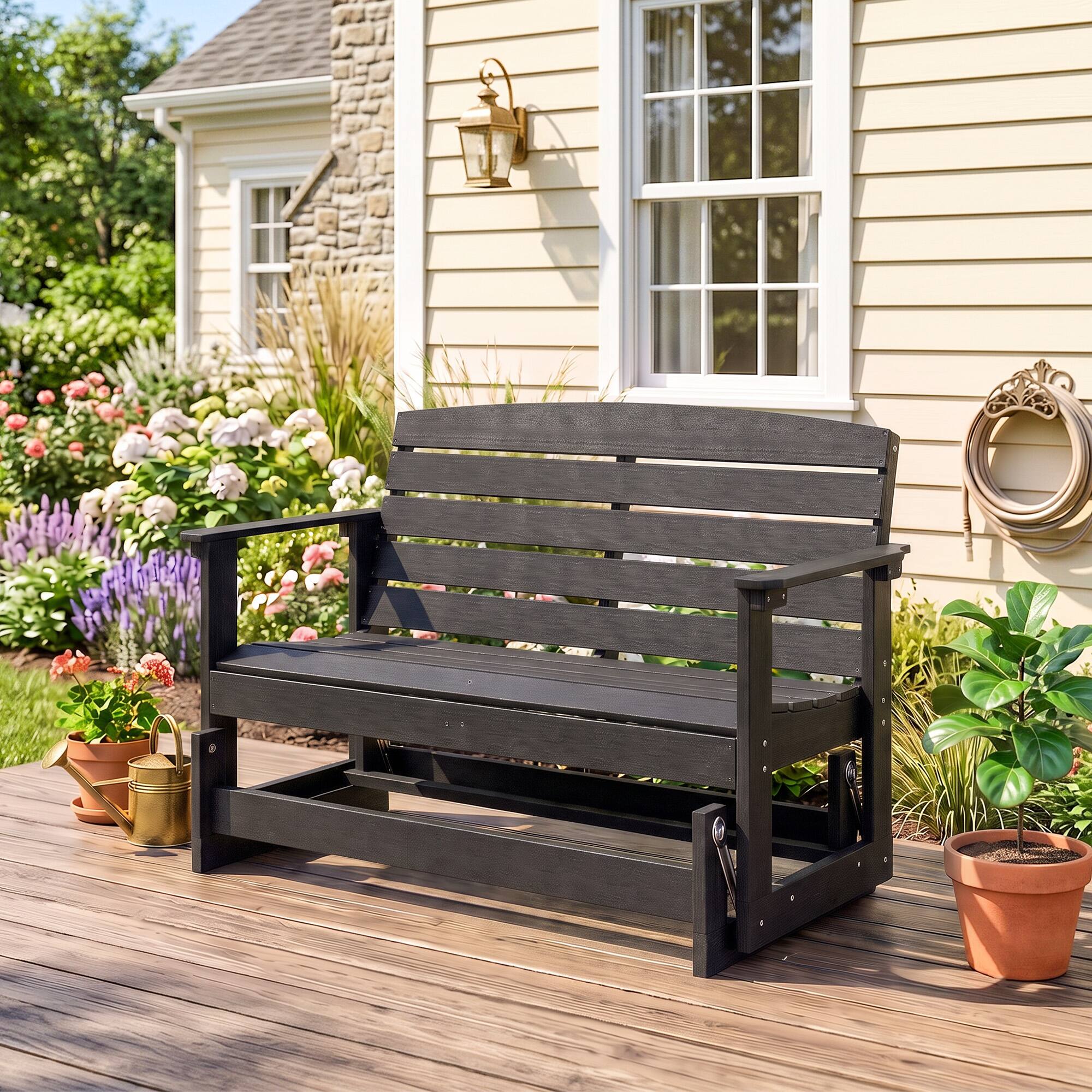 Alt View 1. Outsunny - Glider Bench w/ HDPE Slatted Double Rocking Chair - Black.