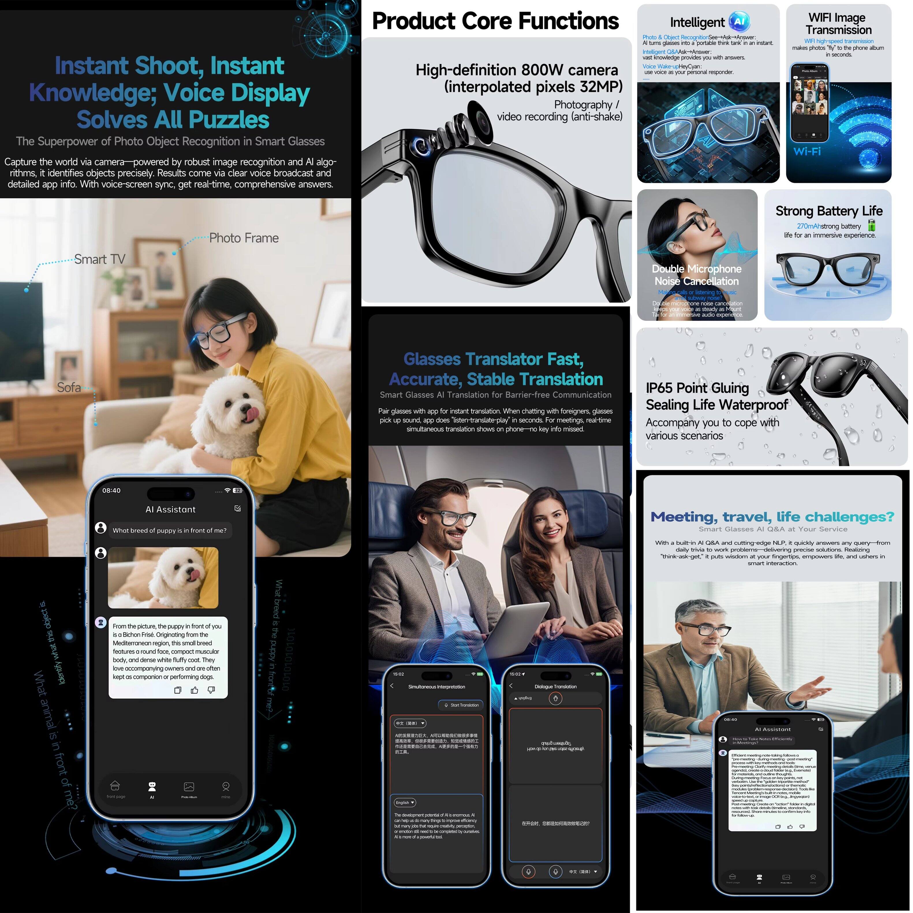 Instant Shoot, Instant Knowledge; Voice Display Solves All Puzzles

The Superpower of Photo Object Recognition in Smart Glasses

Capture the world via camera-powered by robust image recognition and AI algorithms, identifies objects precisely. Results come via clear voice broadcast and detailed app info. With voice-screen sync, get real-time comprehensive answers.

Product Core Functions

- High-definition 800W camera (interpolated pixels 32MP)
- Photography / video recording (anti-shake)
- Wi-Fi Image Transmission
- Smart TV
- Photo Frame
- Double Microphone Noise Cancellation
- Strong Battery Life (2700mAh battery life for an immersive experience)
- IP65 Point Gluing Sealing Life Waterproof

Glasses Translator Fast, Accurate, Stable Translation

Smart Glasses All Translation for Barrier-free Communication

Per glasses with app for all translation. When chatting with foreigners, glasses pick up sound, app does translation in real-time. Accomplish play in seconds. For meetings, real-time translation shows on phone-keyless missed.

Meeting, travel, life challenges?

With built-in AI Glasses AI OTA at Your Service

With built-in AI Glasses AI OTA at Your Service, daily life to work, problem-solving, policy solutions, resting