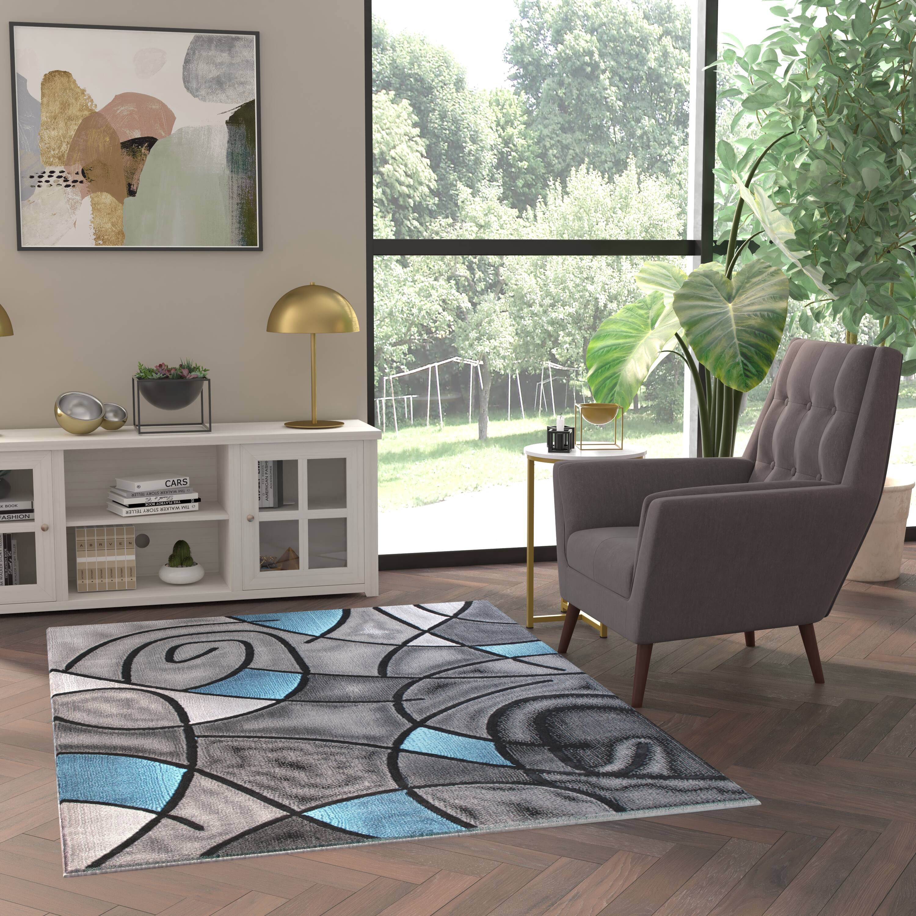 Emma + Oliver - Urbane Contemporary Abstract Geometric Olefin Accent Rug in Gradient Shades with Natural Jute Backing - Blue