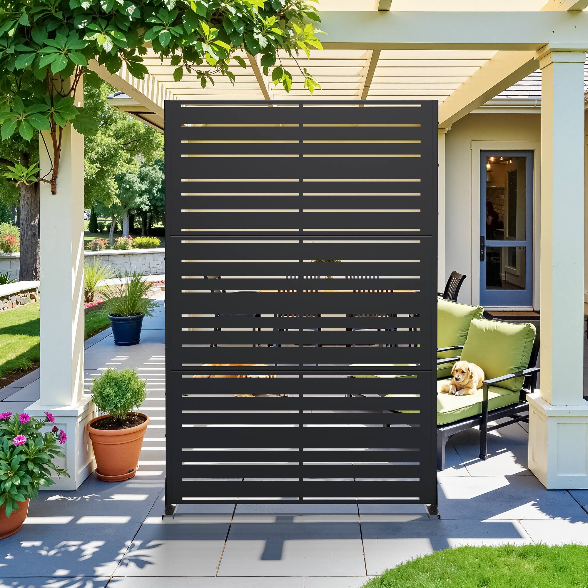 Alt View 3. PexFix - 72 in. x 47 in. Benjamin Pattern Metal Outdoor Privacy Screen & Panels, Freestanding Garden Divider Fence - Black.