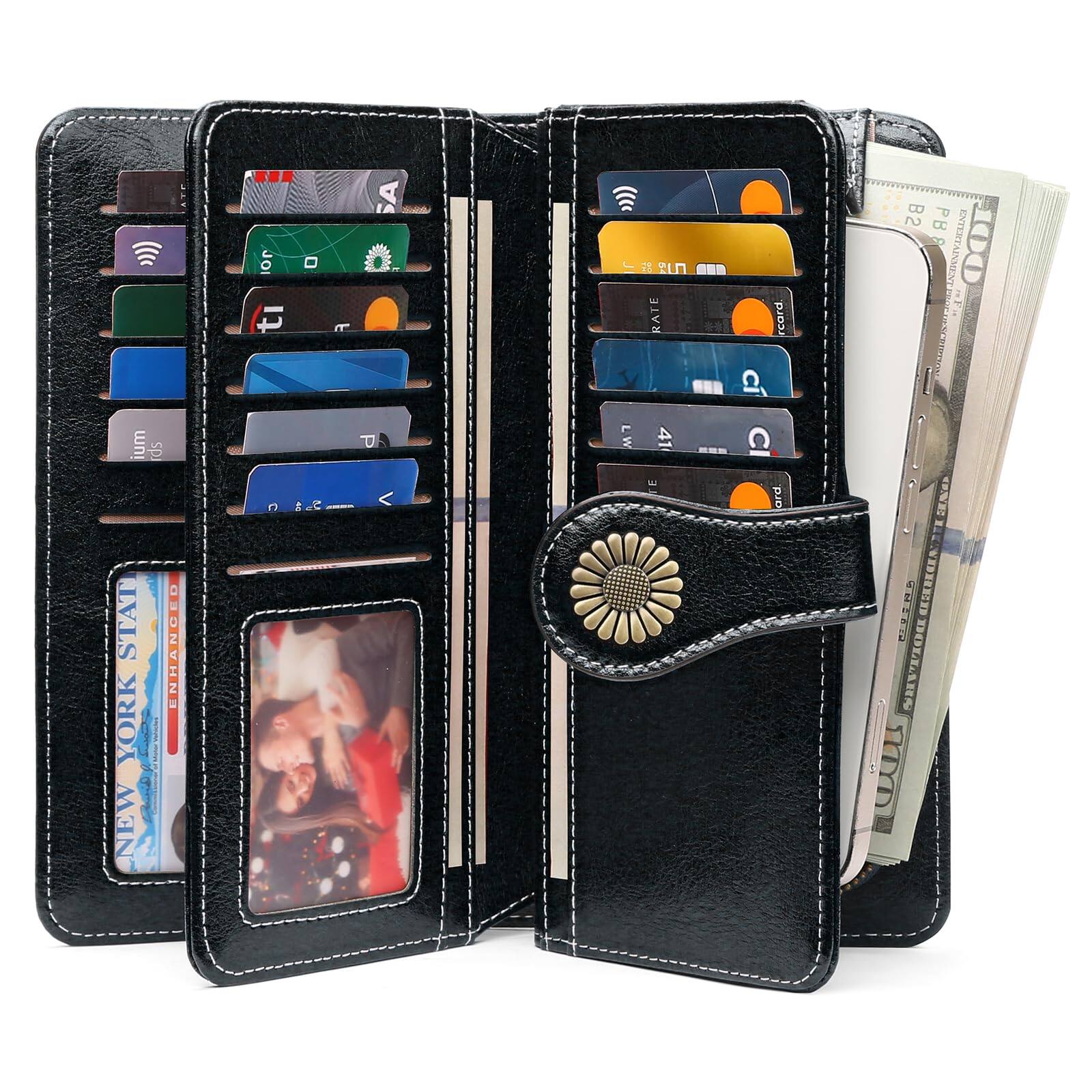 Left. Jadie Link - Wallets Women Leather Credit Card Holder Rfid Blocking Large Capacity Wristlet Large Capacity womens wallet card slots - 1-Wax-Pink.