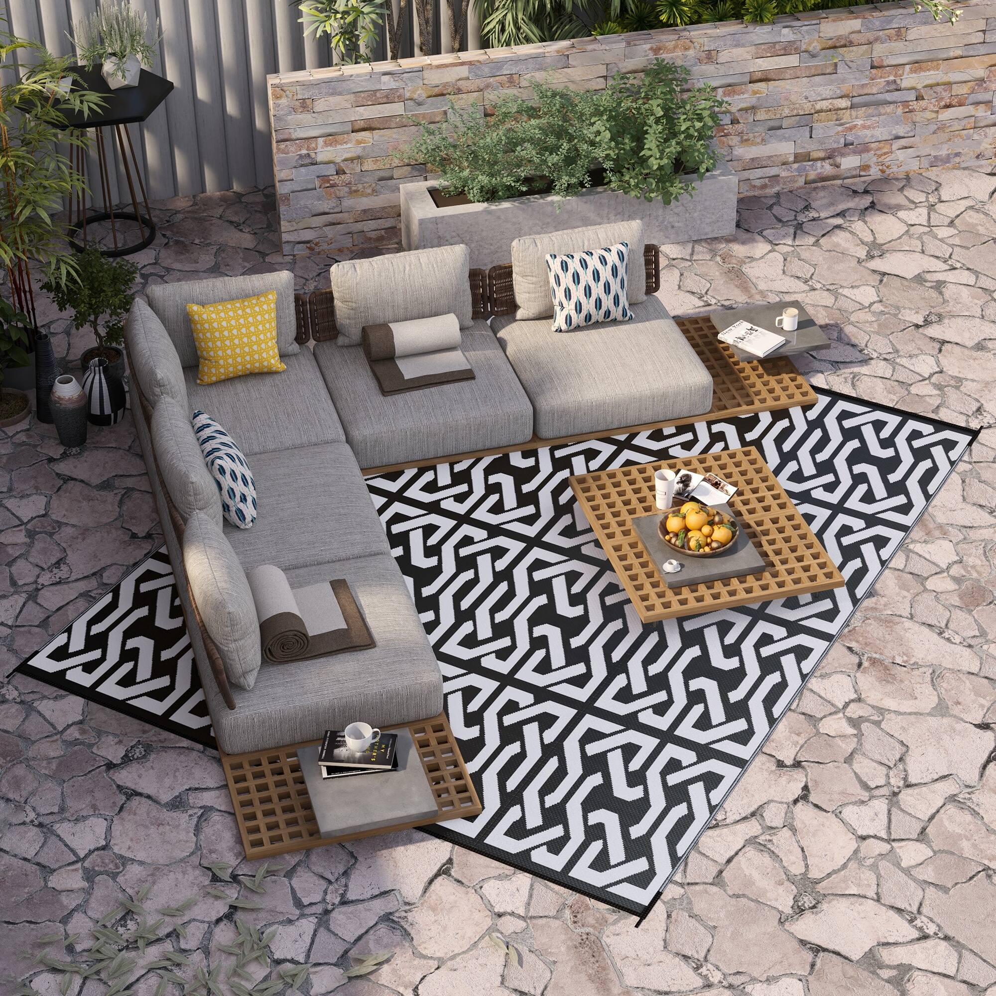 Alt View 1. Outsunny - Outdoor Rug for Patio, 8' x 10' Waterproof Large Mat, Reversible Plastic Straw Rug for Décor - Black and White Chain.