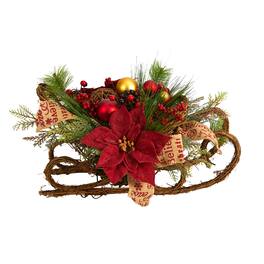 BreeBe - 18” Christmas Sleigh Poinsettia Arrangement - Red