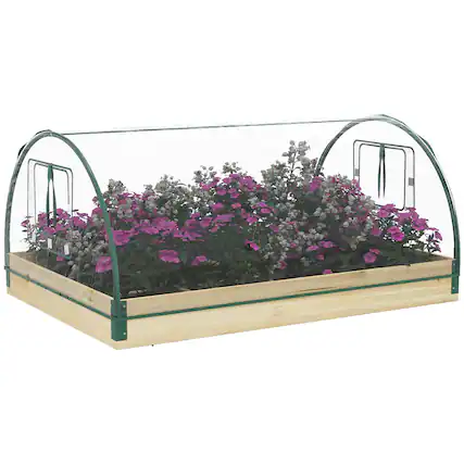 Front. Outsunny - 12 Pockets Raised Garden Bed with Greenhouse and Roll Up Windows, Wooden Planter Box Kit with Cover - Natural wood finish.