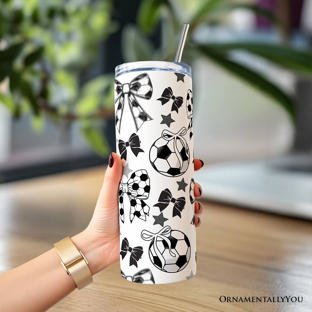 Back. OrnamentallyYou - Coquette Black and White Soccer Bow 20oz Tumbler With Lid and Stainless Steel Straw - Multicolored.