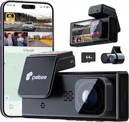 pelsee - 4K 3-Channel Dash Cam Front and Rear Inside, 64GB Card, WiFi/App, ADAS DMS, 24H Parking, G-Sensor - Black