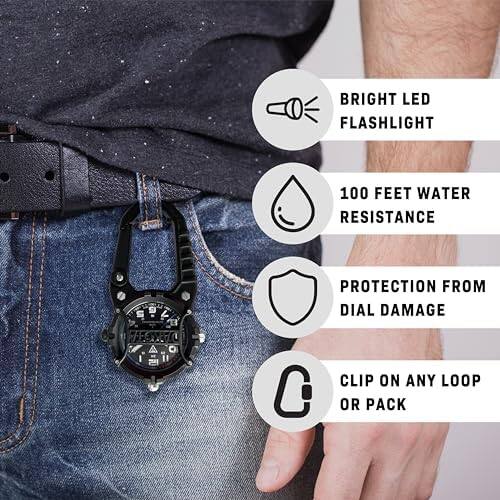 BRIGHT LED FLASHLIGHT  
100 FEET WATER RESISTANCE  
PROTECTION FROM DIAL DAMAGE  
CLIP ON ANY LOOP OR PACK