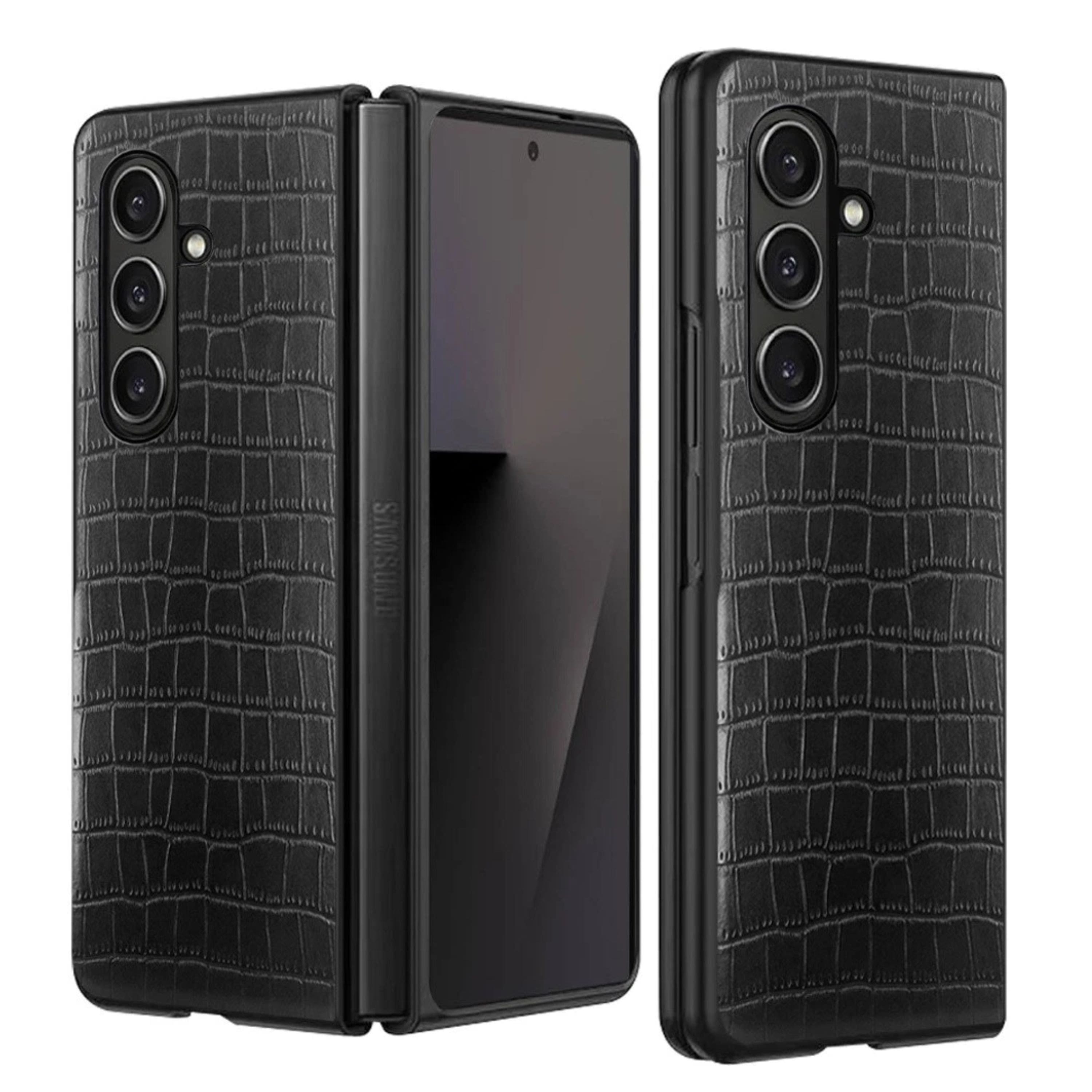 Kitcheniva - Vegan Leather Croc Design Case With Tempered Glass For Samsung Galaxy Z Fold7 - Black