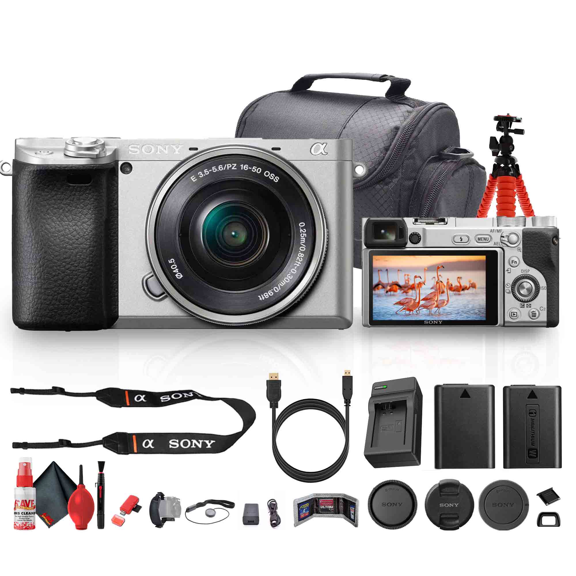 Sony - a6400 Mirrorless Camera with 16-50mm Lens Silver Bundle + 64GB Card + Battery + Bag + Tripod + Kit