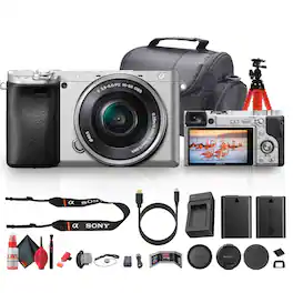 Sony - a6400 Mirrorless Camera with 16-50mm Lens Silver Bundle + 64GB Card + Battery + Bag + Tripod + Kit