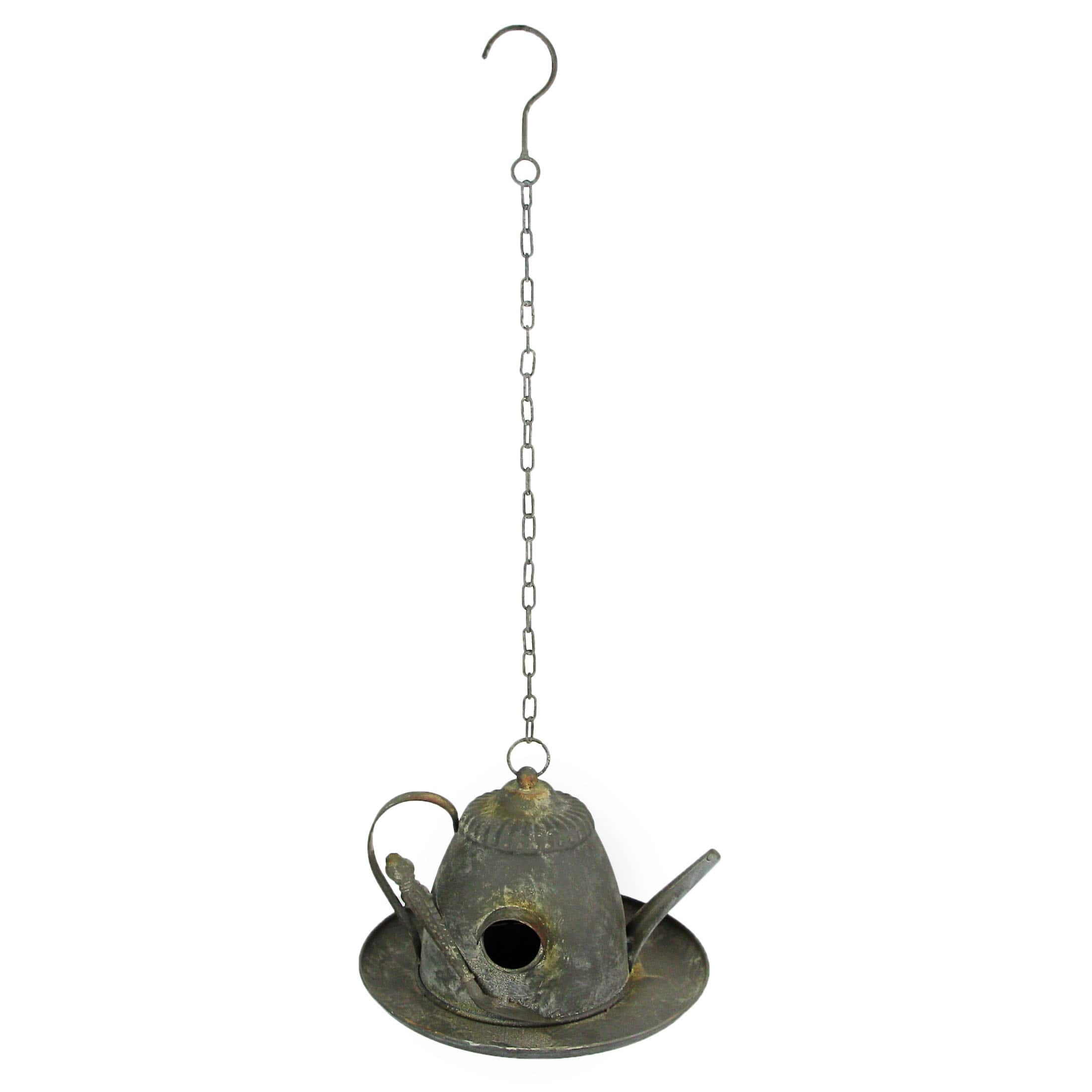 The Gerson Companies - Rustic Metal Vintage Hanging Teapot Bird House Decorative Garden Farmhouse Decor 10.5 Inches - Silver