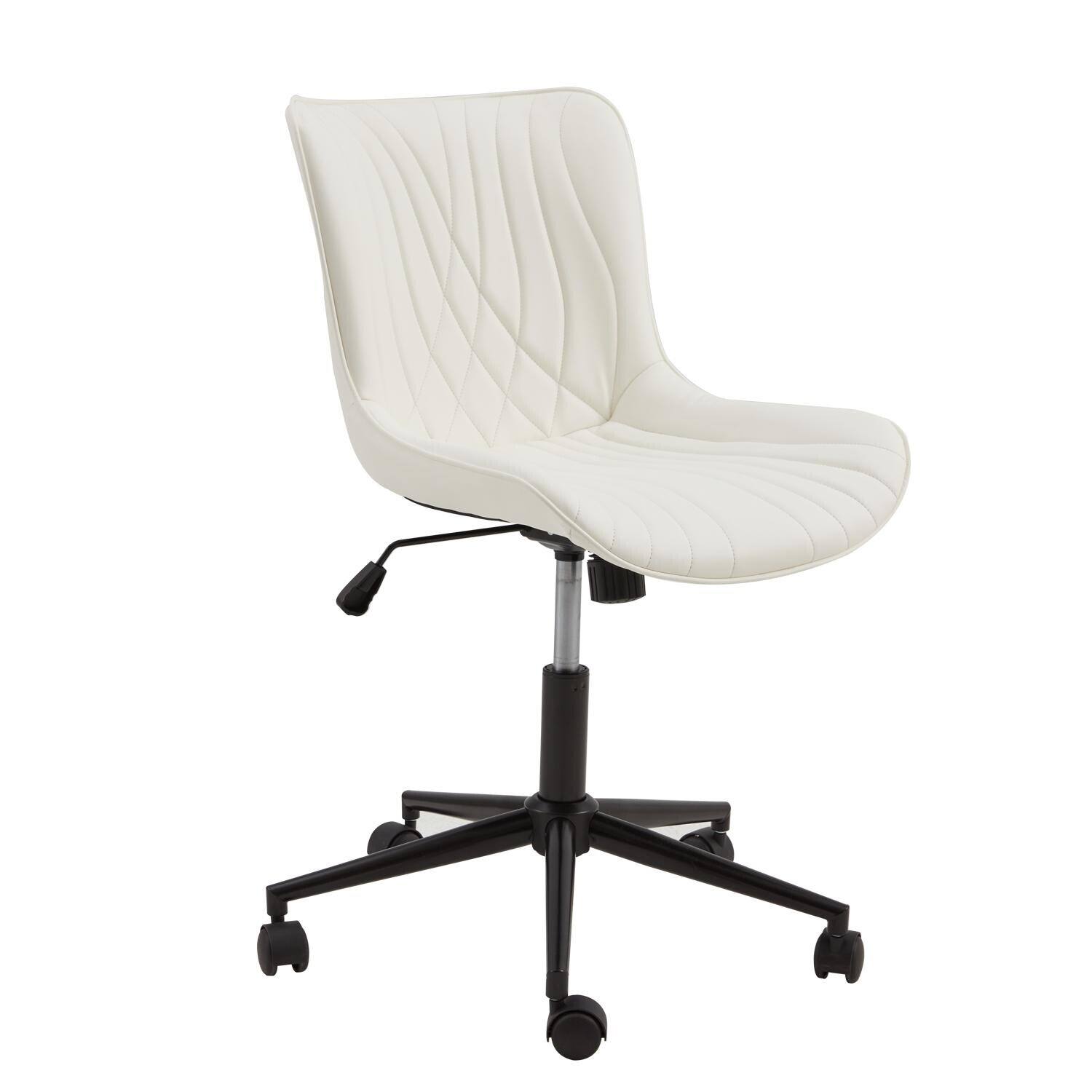Alt View 4. U-HOMY - Armless Office Chair with Wheels, Adjustable Swivel Vanity Desk Chair, Faux Leather Ergonomic Rocking Computer Chair - White.