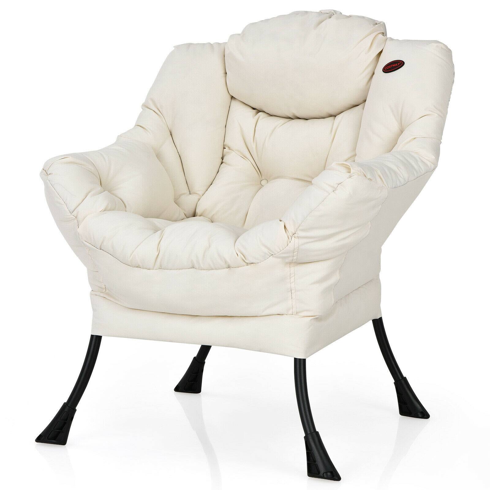 Front. WELLFOR - Modern Polyester Fabric Lazy Chair with Steel Frame and Side Pocket - Beige.