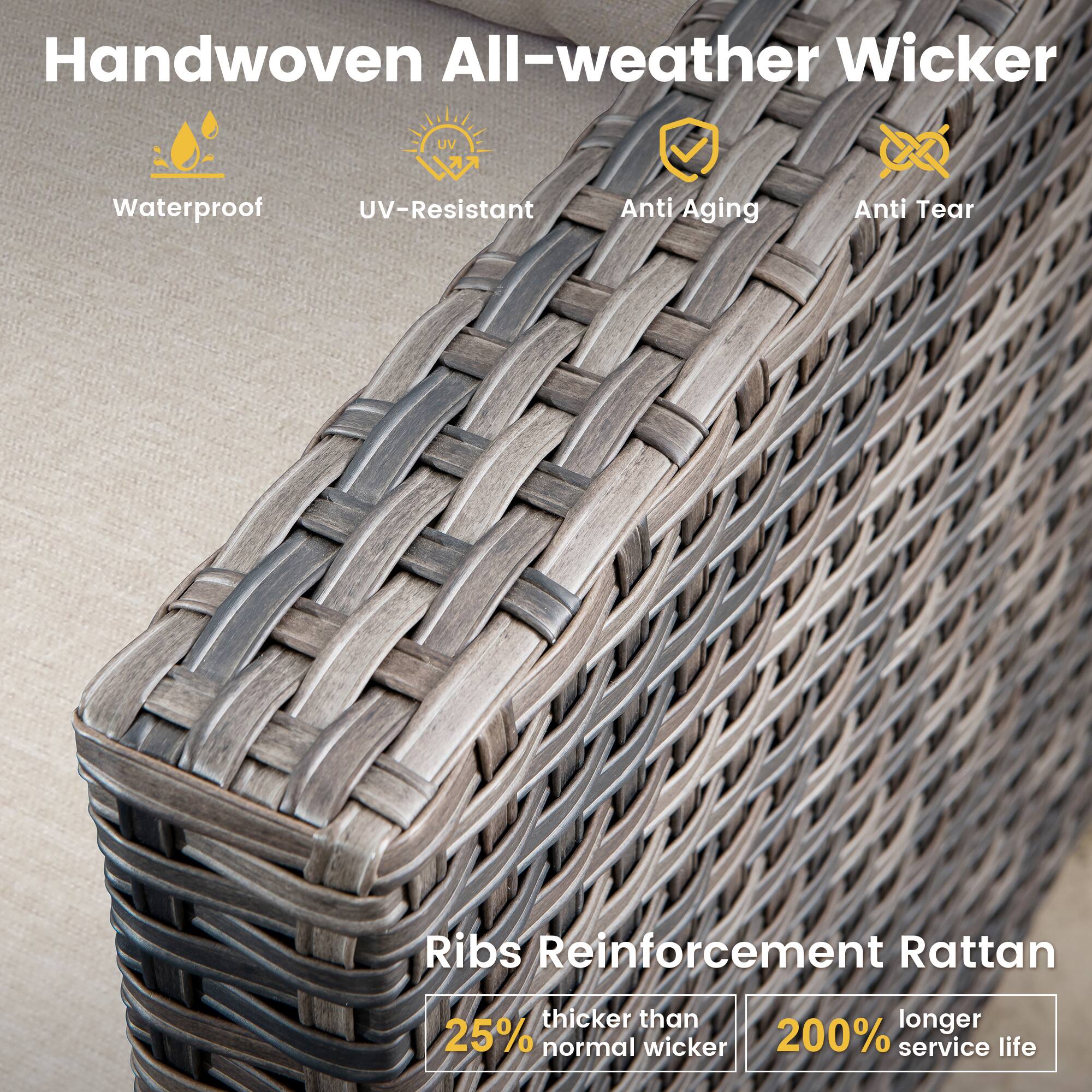 Handwoven All-weather Wicker  
- Waterproof  
- UV-Resistant  
- Anti Aging  
- Anti Tear  

Ribs Reinforcement Rattan  
- Thicker than normal wicker by 25%  
- 200% longer service life