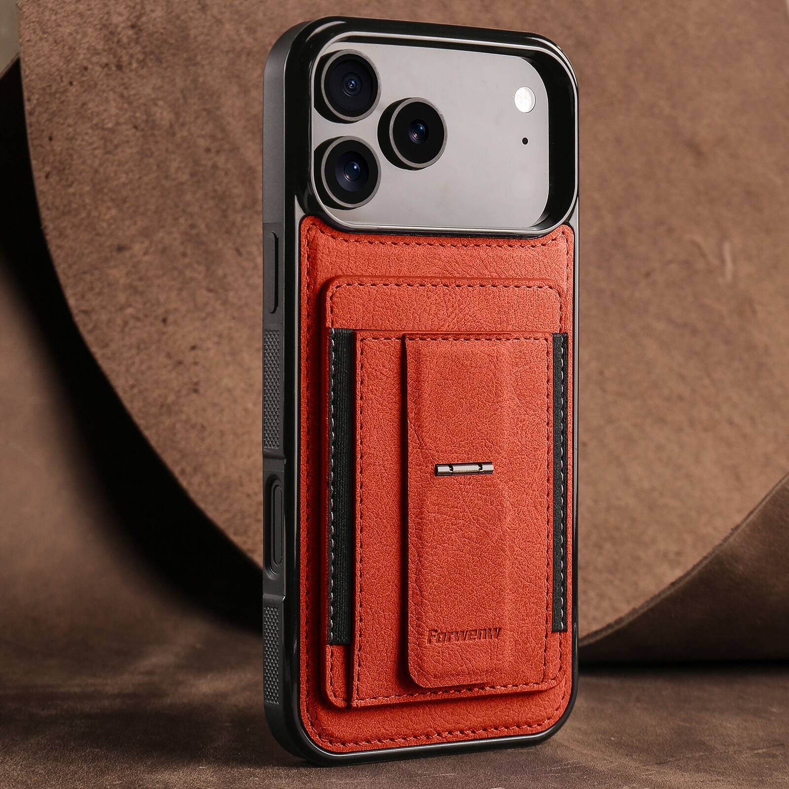 Back. Dteck - Slim Card Holder Case for Apple iPhone 17 Pro Max, Shockproof Wallet Protective Cover with Kickstand - Orange.