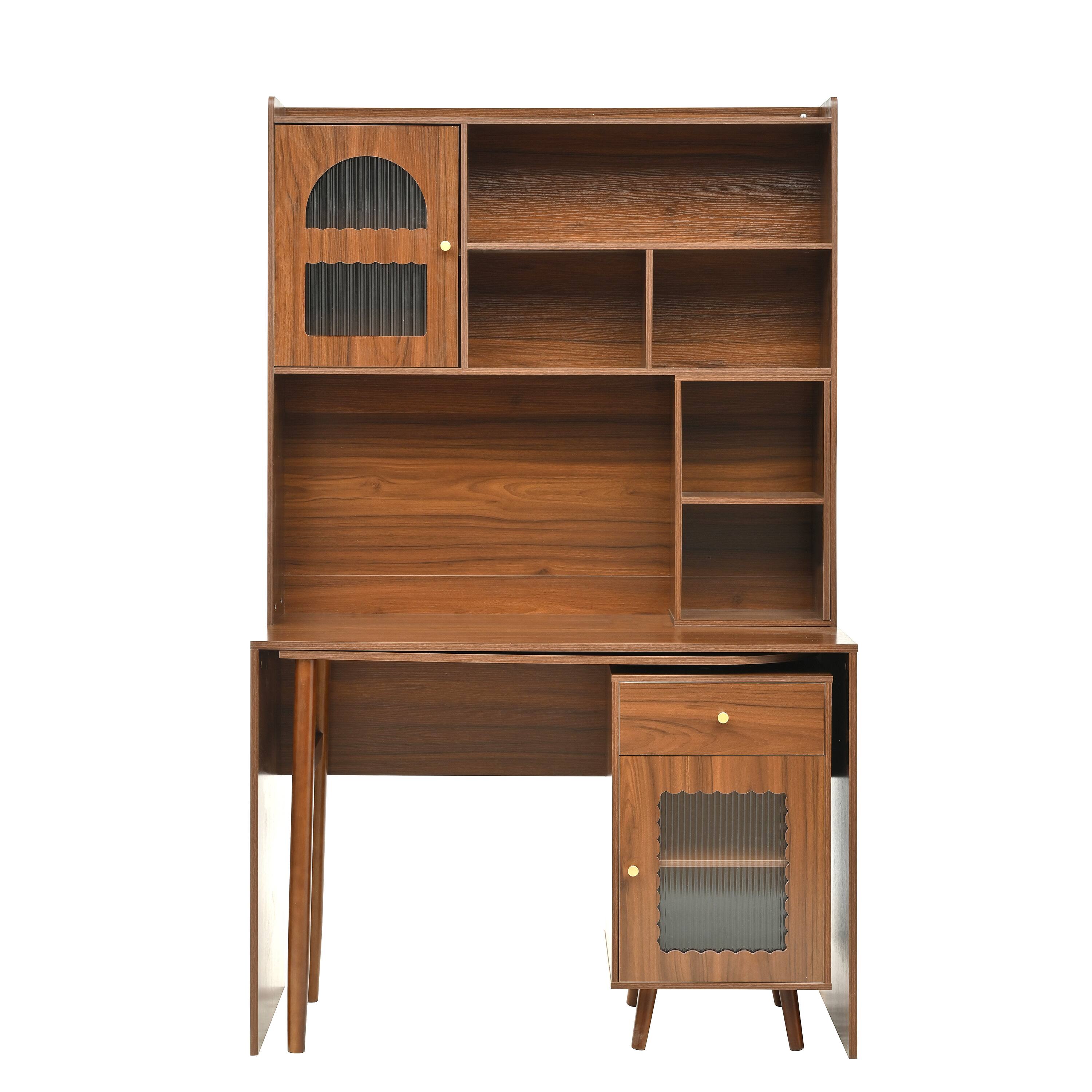 Alt View 6. Tiramisubest - Computer Desk with 90°Rotating Desktop,43x70 Inch Office Desk with Storage Drawer and Cabinets,Gaming Desk with Shelves - Walnut.