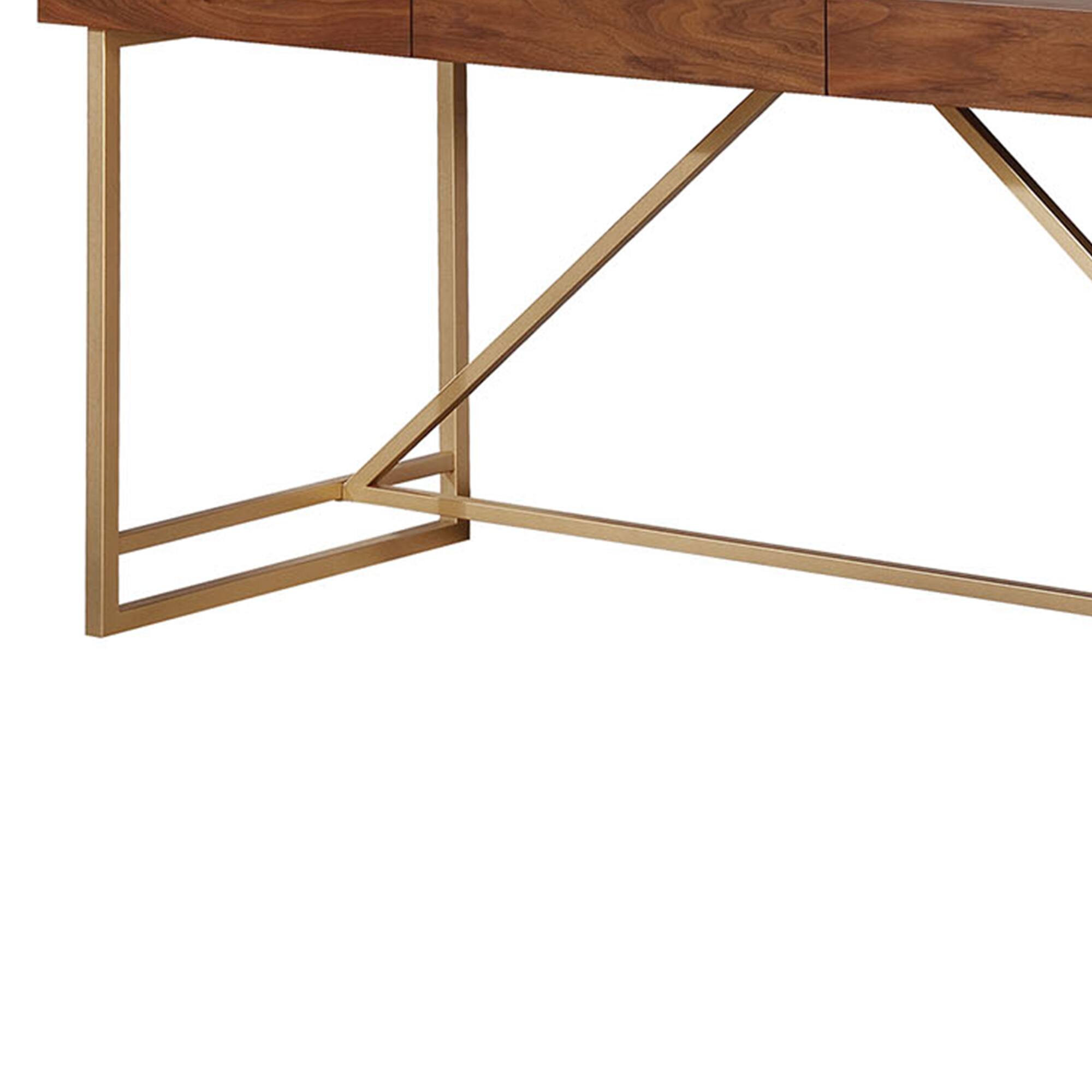 Back. Manhattan Lane - Modern Style Wooden Writing Desk with Unique Metal Legs, Walnut Brown and Gold - Brown and Gold.
