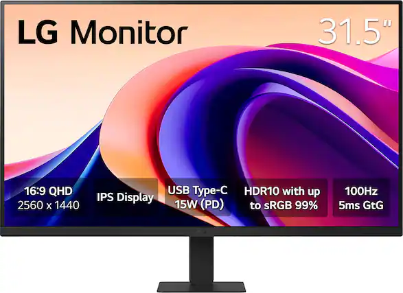 LG Monitor 31.5" 16:9 QHD 2560 X 1440 USB Type-C HDR10 with up IPS Display 15W (PD) to sRGB 99% 100Hz 5ms GtG