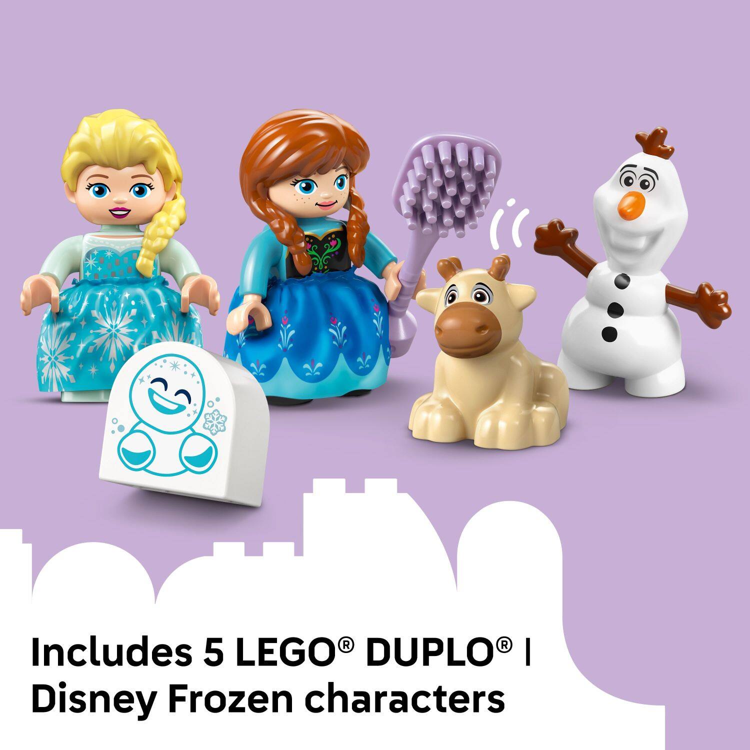 The text on the image reads: "Includes 5 LEGO DUPLO Disney Frozen characters."