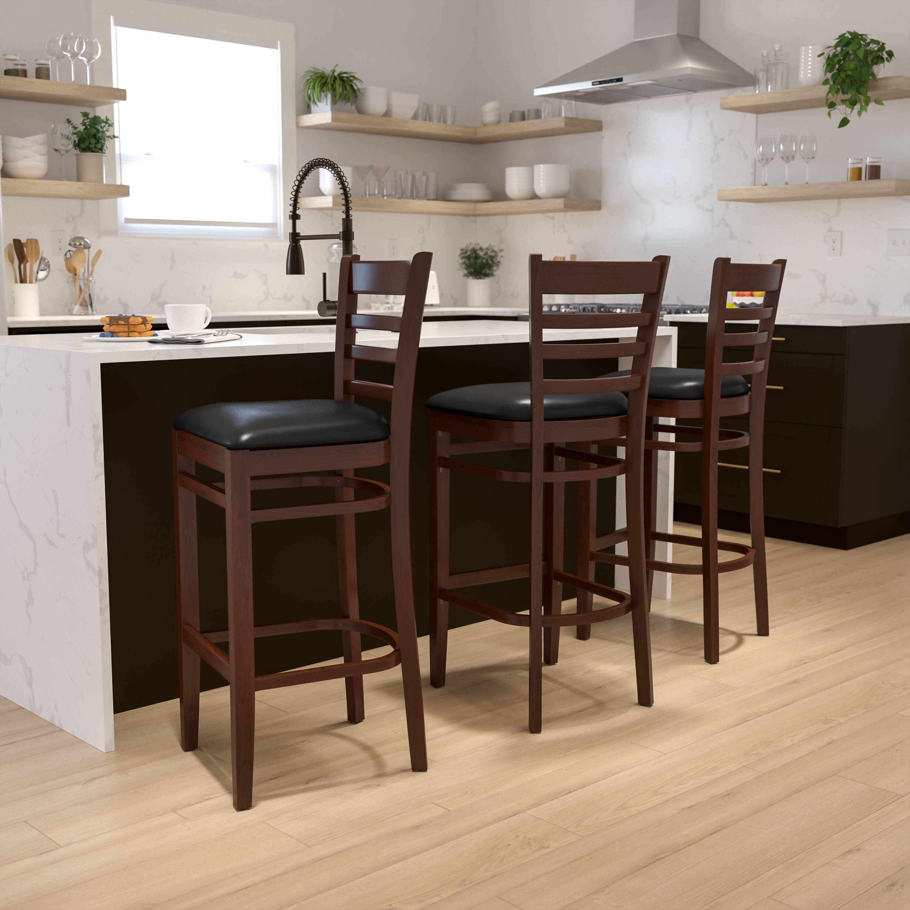Alt View 1. Emma + Oliver - Ladder Back Wooden Restaurant Dining Barstool - Black Vinyl Seat/Mahogany Wood Frame.
