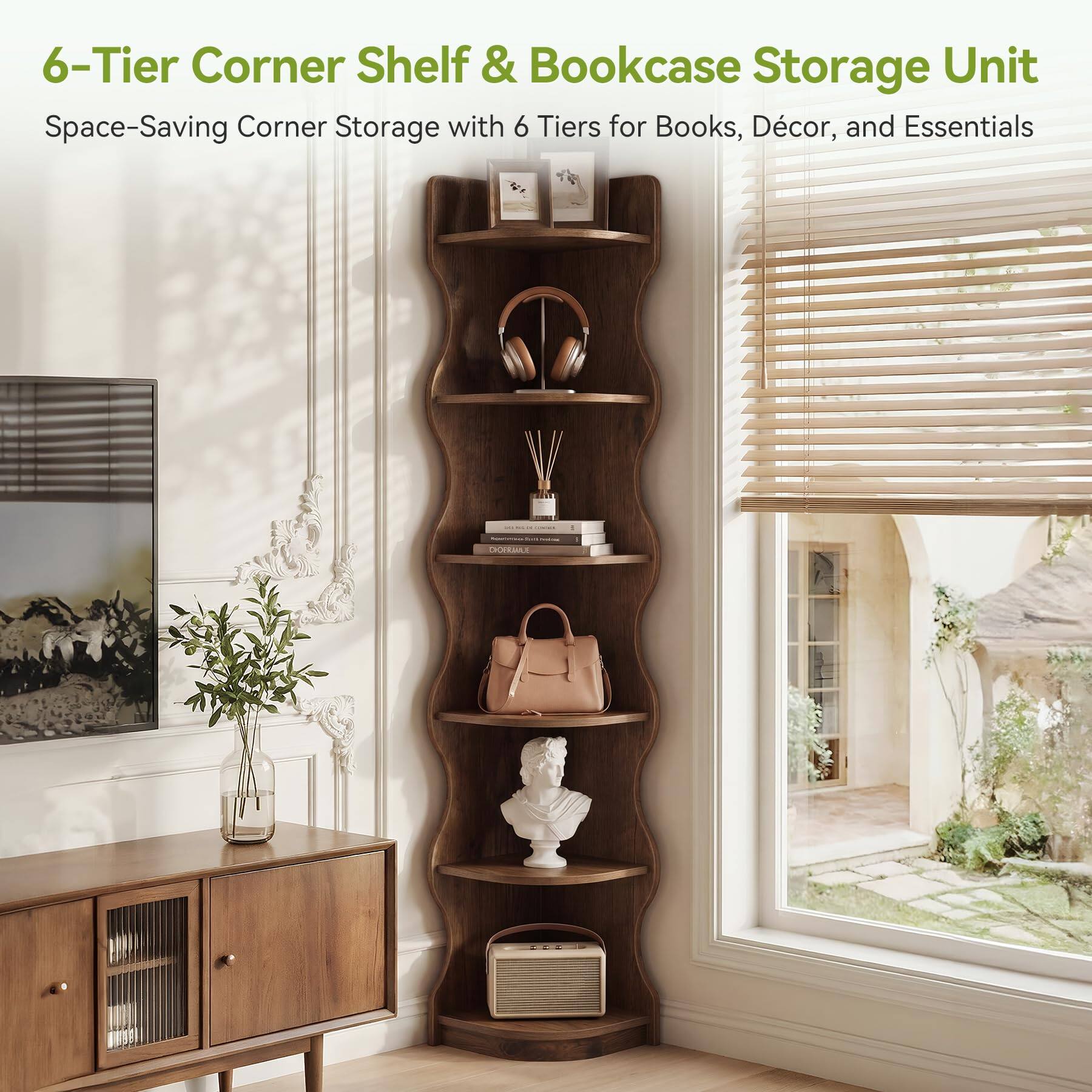 6-Tier Corner Shelf & Bookcase Storage Unit  
Space-Saving Corner Storage with 6 Tiers for Books, Décor, and Essentials