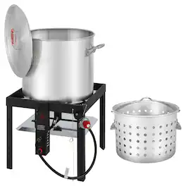 FEASTO - 100 QT Seafood Boil Pot with Basket & Burner, 100,000 BTU, CSA Certified for Crawfish, Crab, Shrimp - Silver