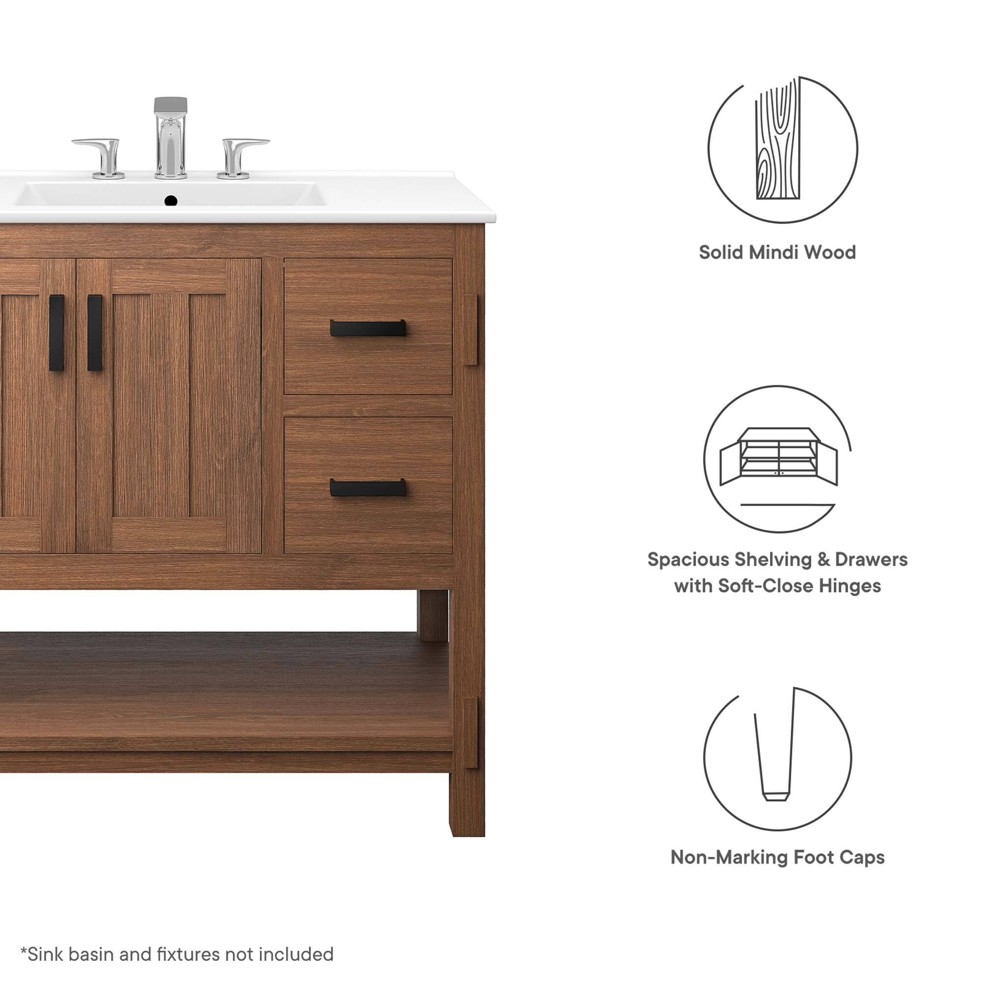 Solid Mindi Wood Spacious Shelving & Drawers with Soft-Close Hinges Non-Marking Foot Caps  
*Sink basin and fixtures not included