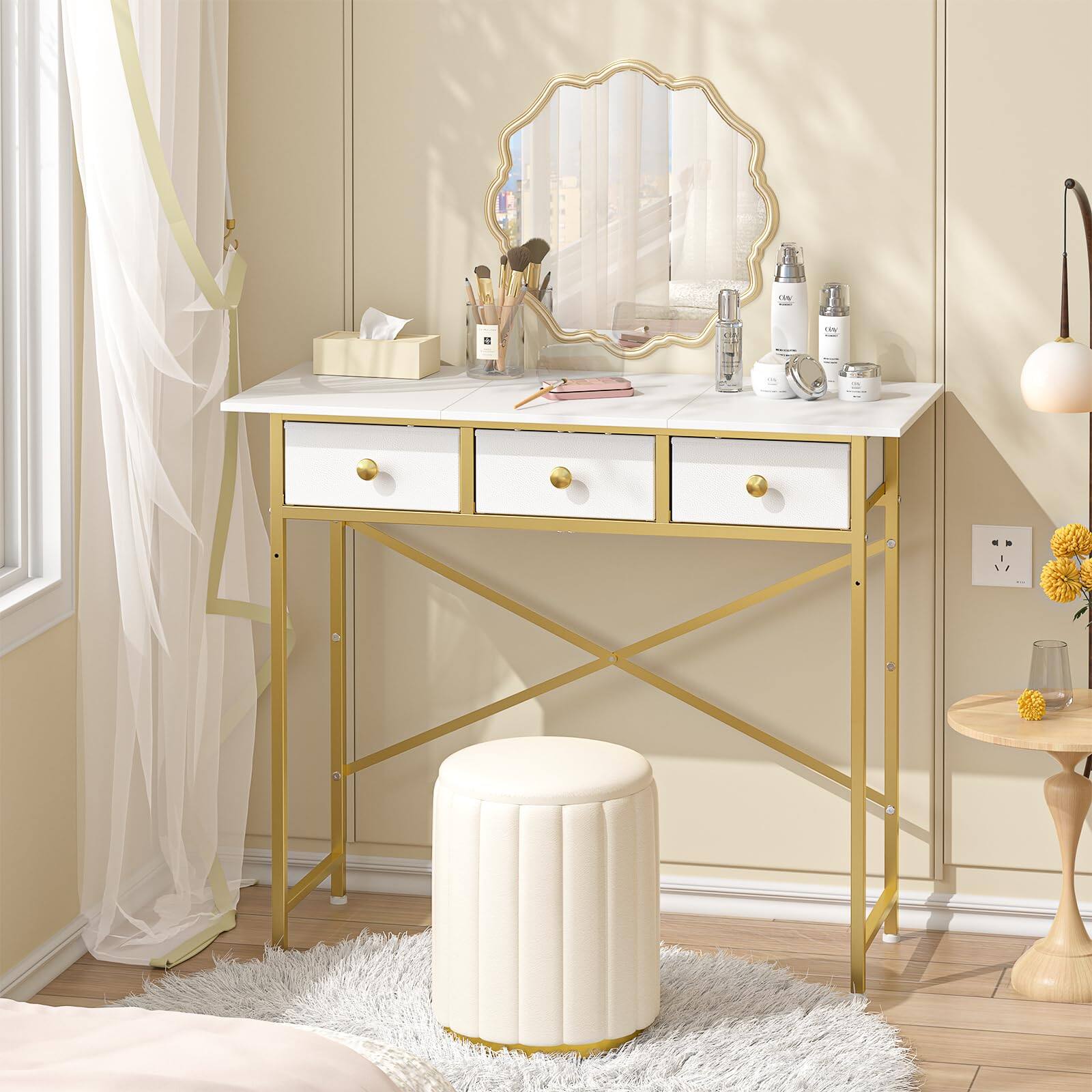 Front. Earthley Blooms - Small Vanity Desk No Mirror For Bedroom Inch Table With Drawers Makeup Narrow Spaces Dreessing Table - White and Gold 37.2".