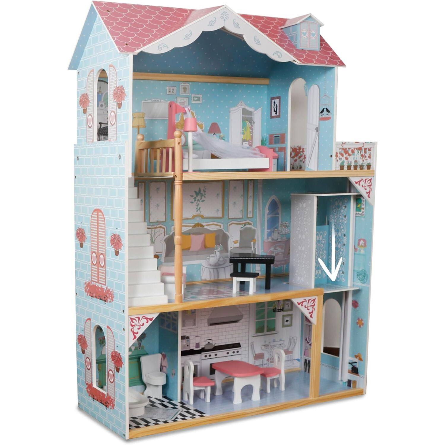 Lil' Jumbl - Kids Wooden Dollhouse, 3 Story X-Large Doll House with Elevator, Accessories & Furniture - Pink