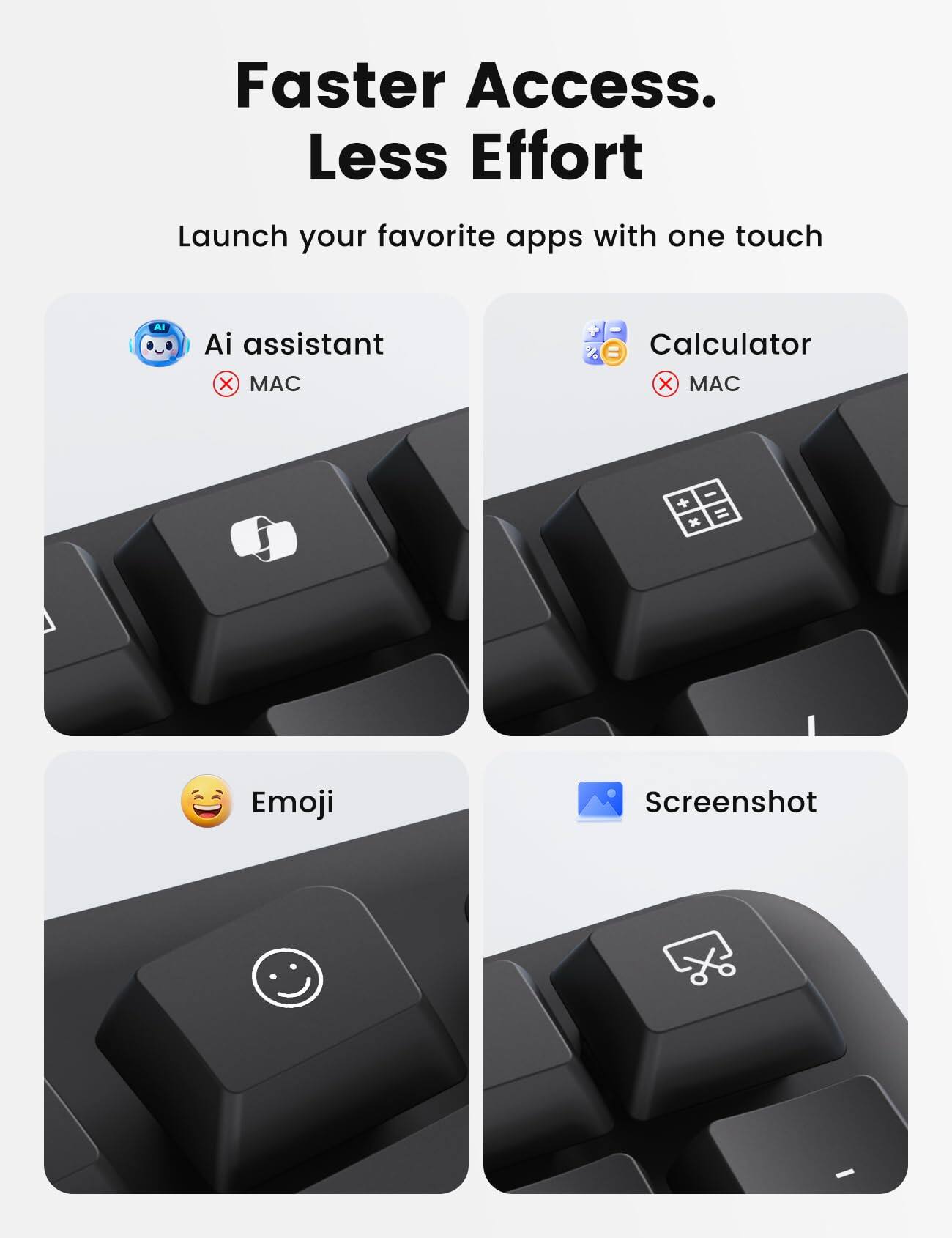 Faster Access. Less Effort

Launch your favorite apps with one touch

- Ai assistant
  - MAC

- Calculator
  - MAC

- Emoji

- Screenshot