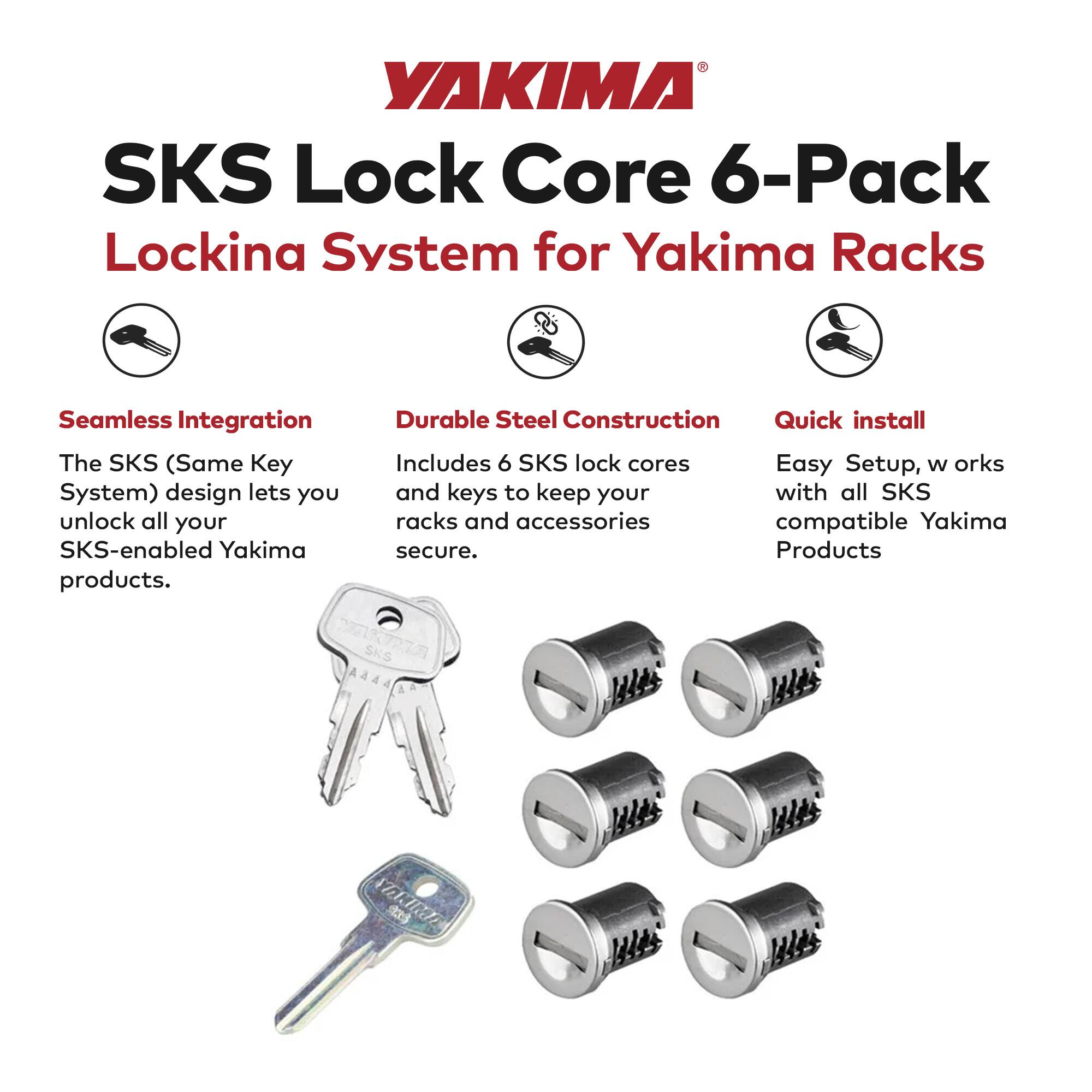 YAKIMA SKS Lock Core 6-Pack Locking System for Yakima Racks

Seamless Integration  
The SKS (Same Key System) design lets you unlock all your SKS-enabled Yakima products.

Durable Steel Construction  
Includes 6 SKS lock cores and keys to keep your racks and accessories secure.

Quick install  
Easy Setup, works with all SKS compatible Yakima Products.