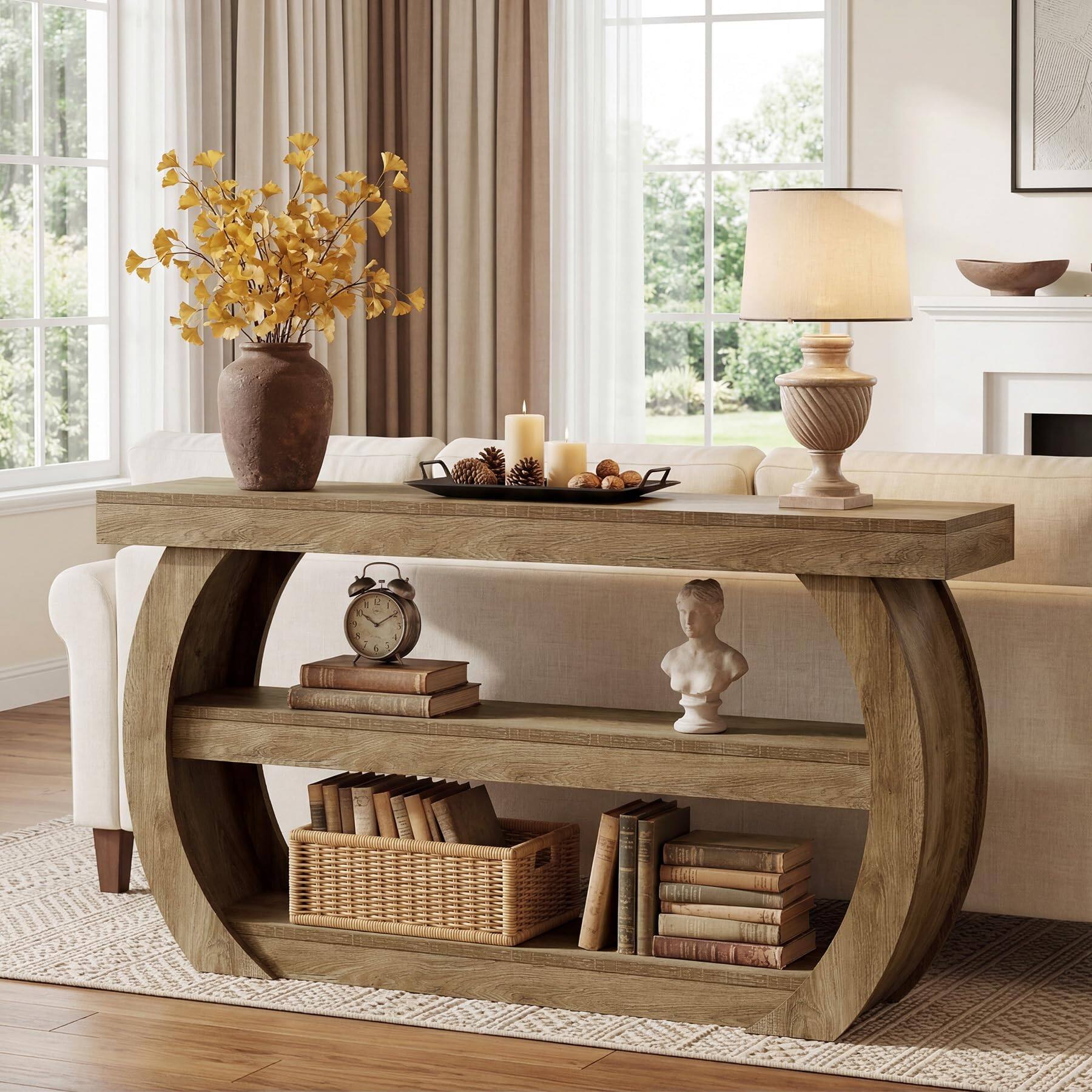 Alt View 1. Tribesigns - Farmhouse Console Table, 3-Tier Wooden Entryway Table with Storage Shelves, 63-Inch Long Rectangular Sofa Console Behind - Light Brown.
