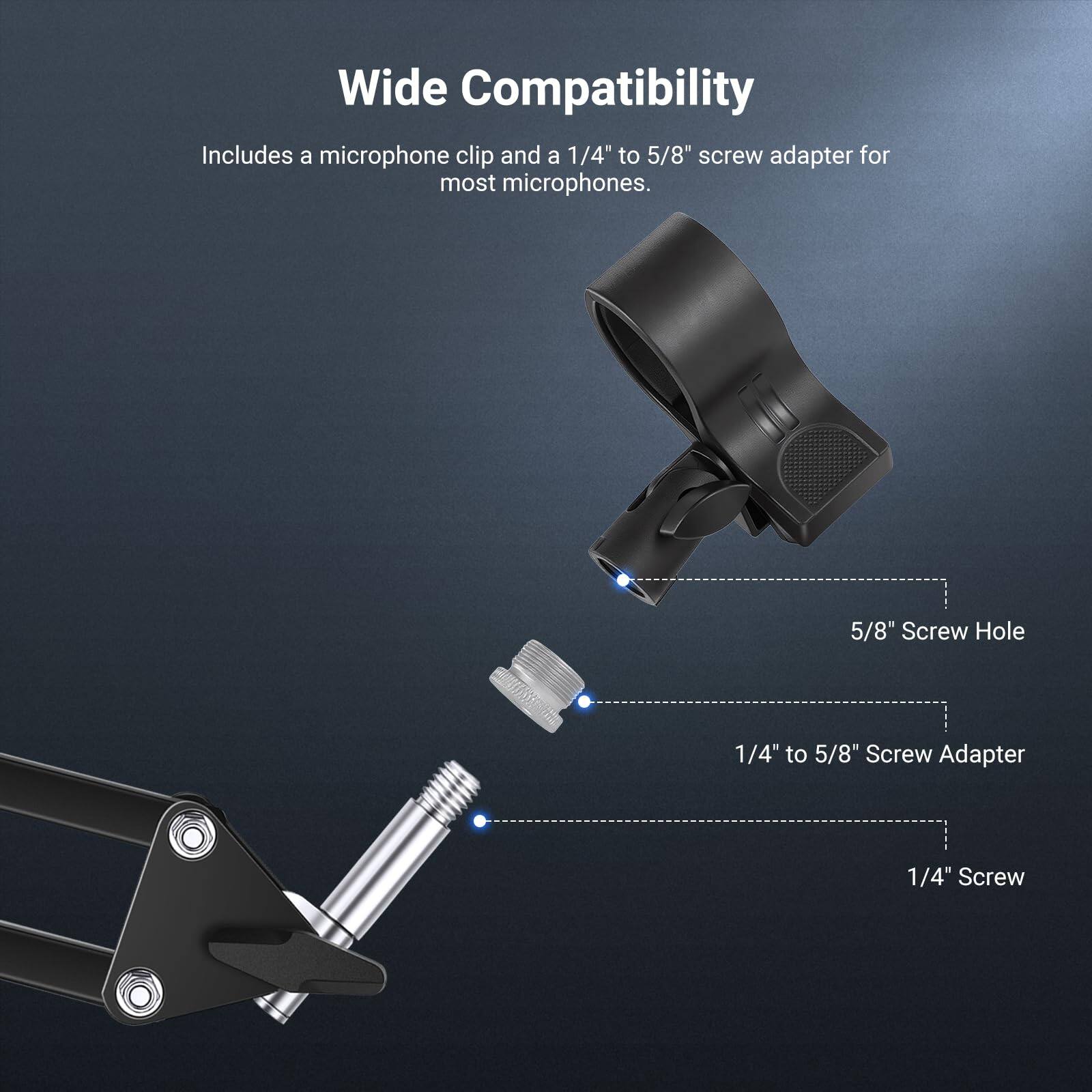 Wide Compatibility  
Includes a microphone clip and a 1/4" to 5/8" screw adapter for most microphones.  

5/8" Screw Hole  
1/4" to 5/8" Screw Adapter  
1/4" Screw