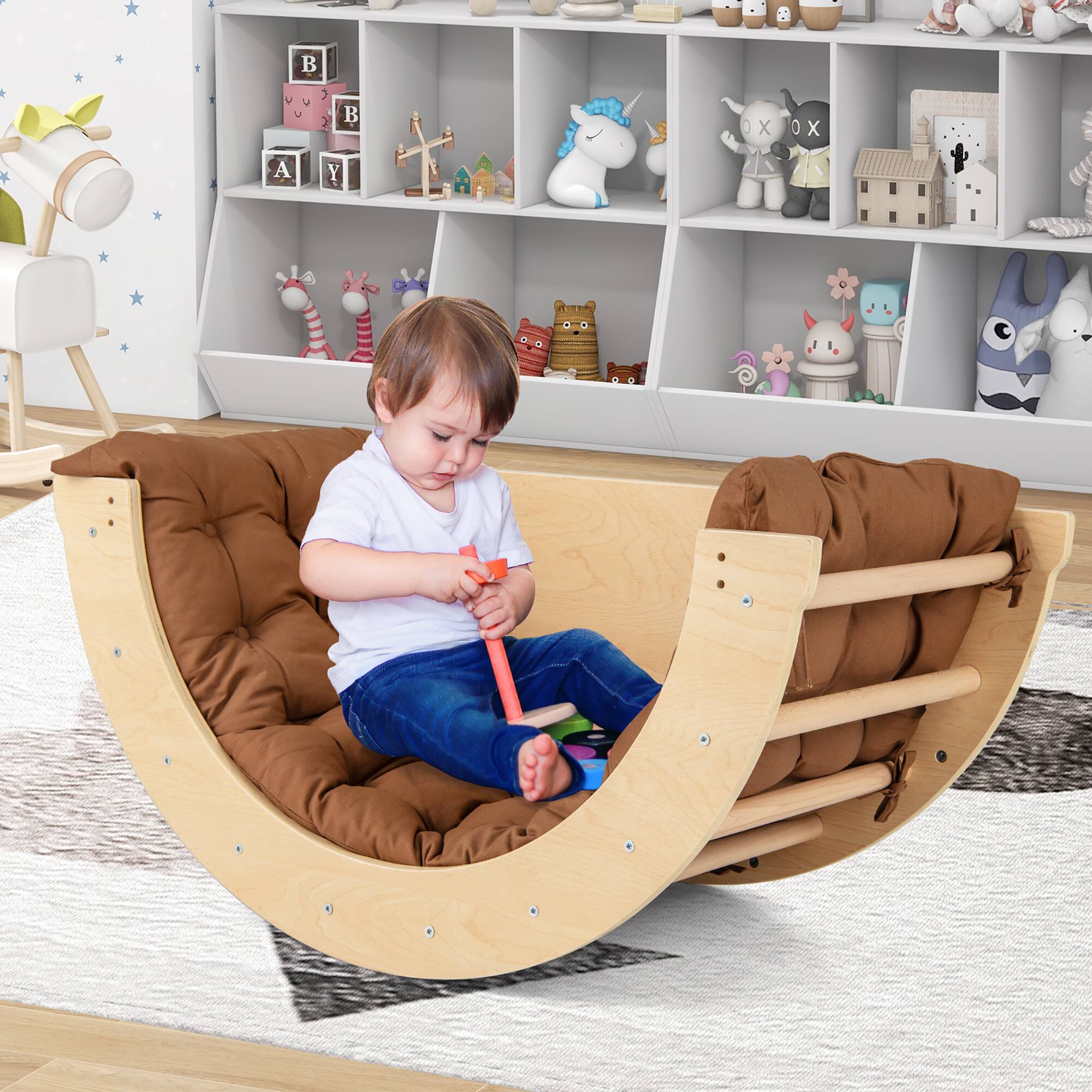 Alt View 1. Gymax - Gymax 6 in 1 Climbing Arch Wooden Rocker Arch Climbing Toy w/ Removable Cushion Coffee - Coffee.