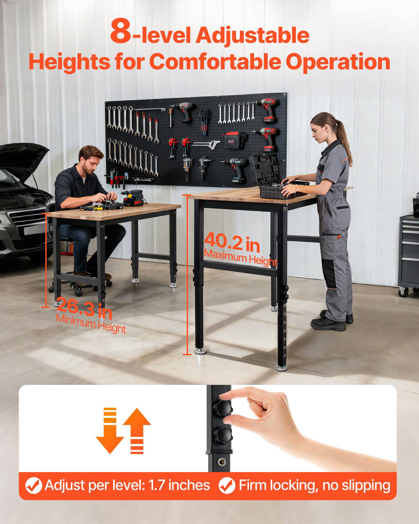 8-level Adjustable Heights for Comfortable Operation  
40.2 in Maximum Height  
26.3 in Minimum Height  
Adjust per level: 1.7 inches  
Firm locking, no slipping