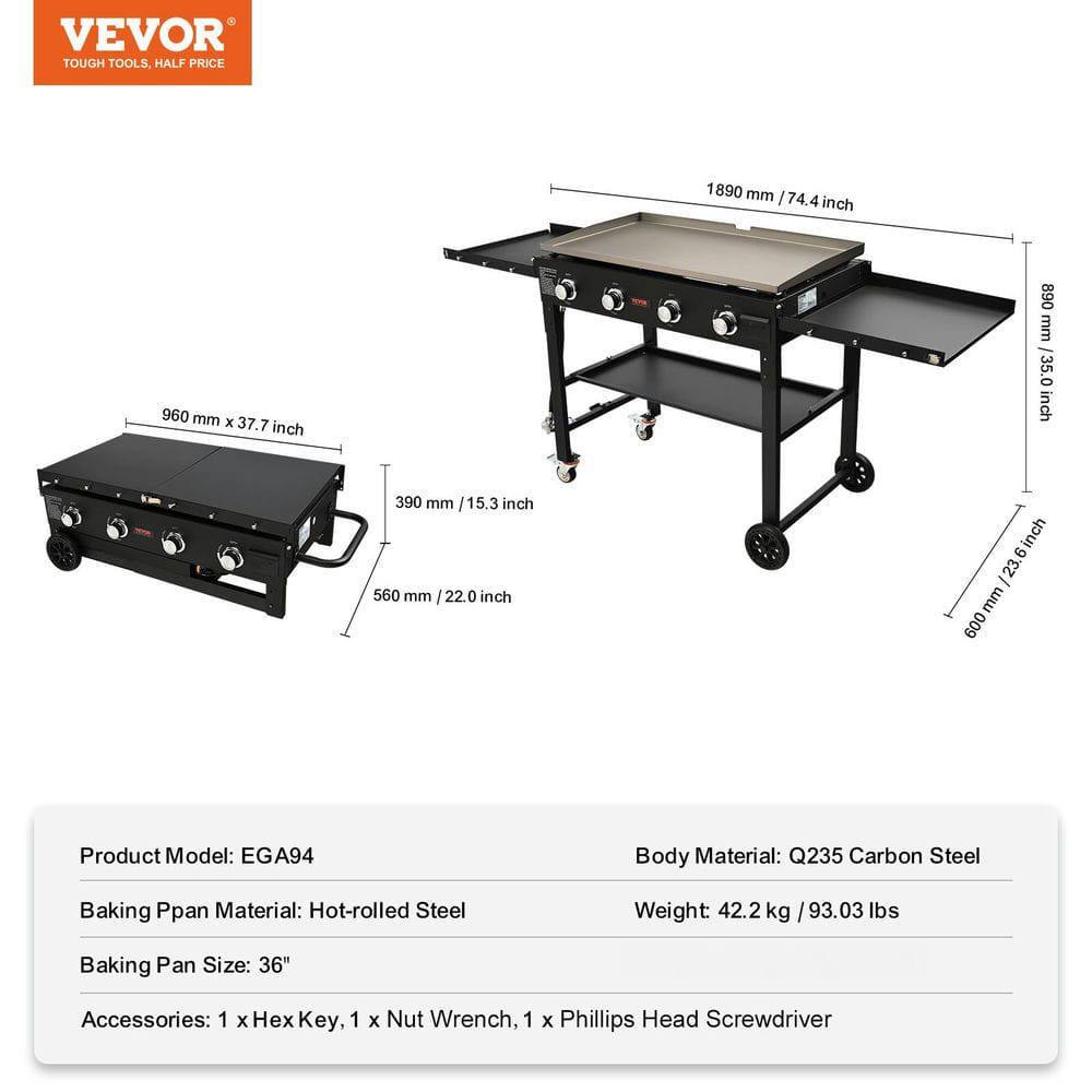 VEVOR  
TOUGH TOOLS, HALF PRICE

Product Model: EGA94  
Body Material: Q235 Carbon Steel  
Baking Pan Material: Hot-rolled Steel  
Baking Pan Size: 36"  
Weight: 42.2 kg / 93.03 lbs  

Dimensions:  
- 1890 mm / 74.4 inch (length)  
- 960 mm x 37.7 inch (width)  
- 890 mm / 35.0 inch (height)  
- 390 mm / 15.3 inch (depth)  
- 560 mm / 22.0 inch (side shelf)  

Accessories:  
- 1 x Hex Key  
- 1 x Nut Wrench  
- 1 x Phillips Head Screwdriver