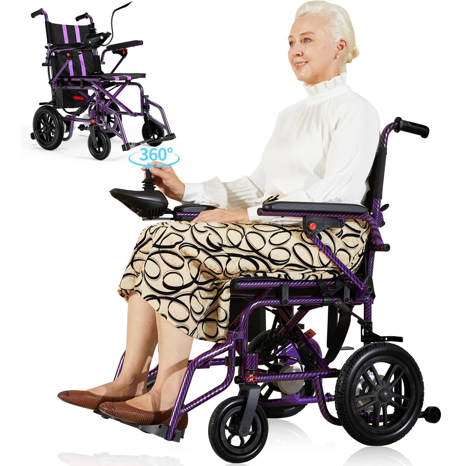 Angle. Hover Heart - 4-Wheel Foldable Travel Electric Wheelchair & Mobility Scooter – 286 lb Heavy-Duty Power Chair, 15 km Range - purple.