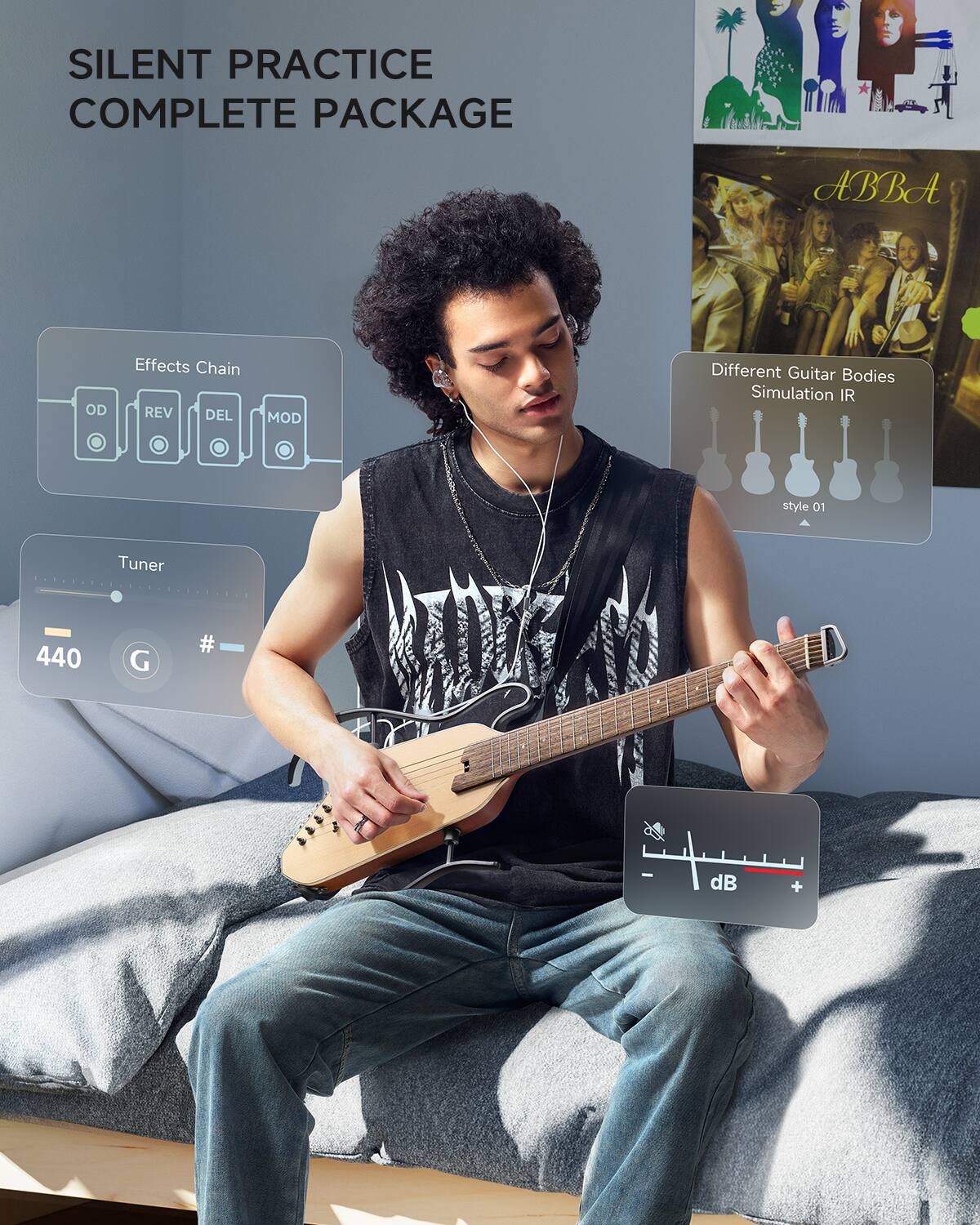 SILENT PRACTICE COMPLETE PACKAGE, ABBA, Effects Chain, REV, DEL, MOD, Different Guitar Bodies, Simulation IR, style 01, Tuner, 440, G, #, - dB, +