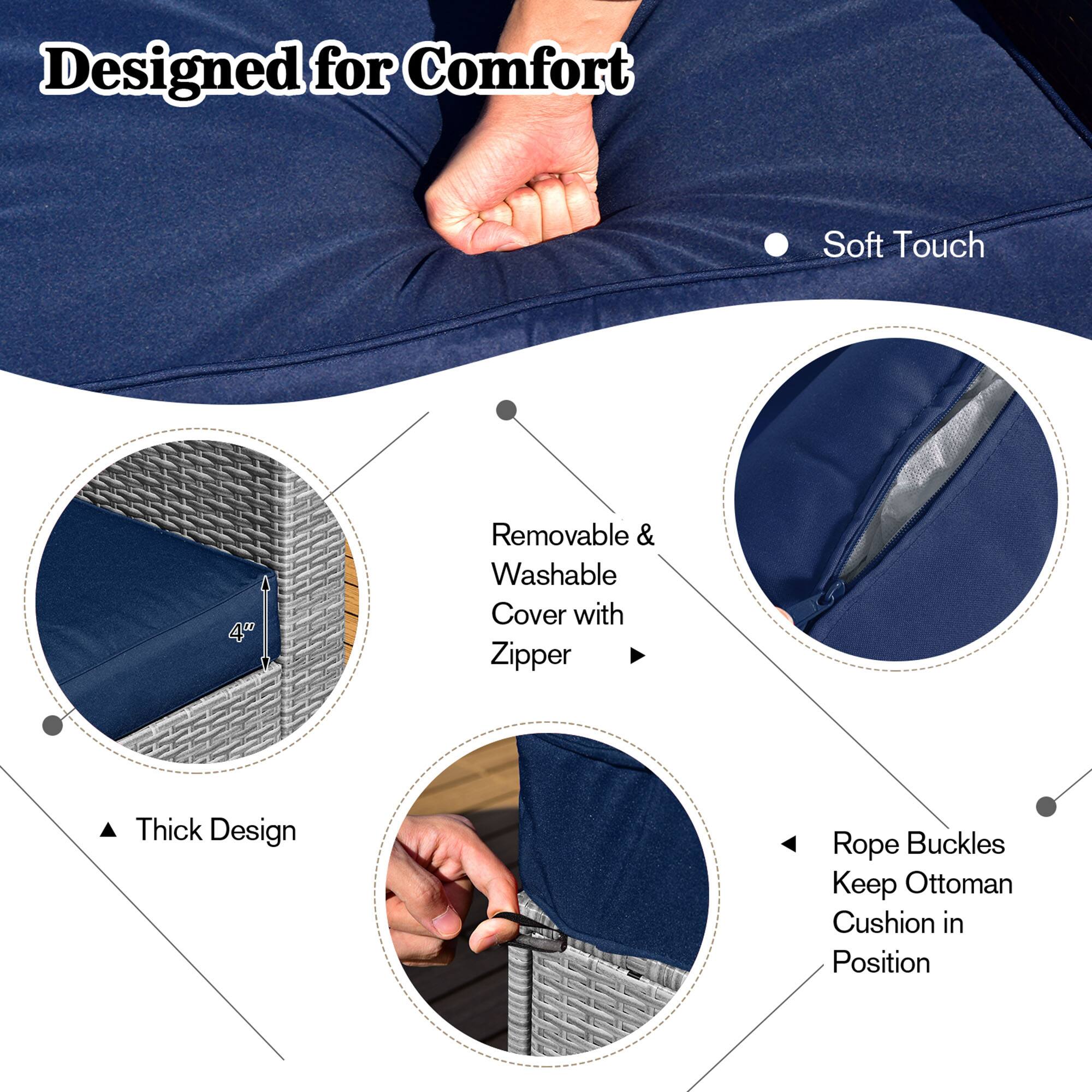 Designed for Comfort, Soft Touch, 4", Removable & Washable Cover with Zipper, Thick Design, Rope Buckles, Keep Ottoman Cushion in Position
