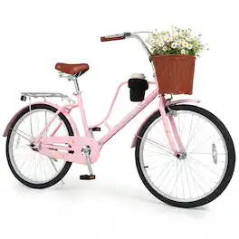 Gymax - Beach Cruiser Bike 24-Inch Commuter Bike w/Adjustable Seat Woven Basket for City - Pink