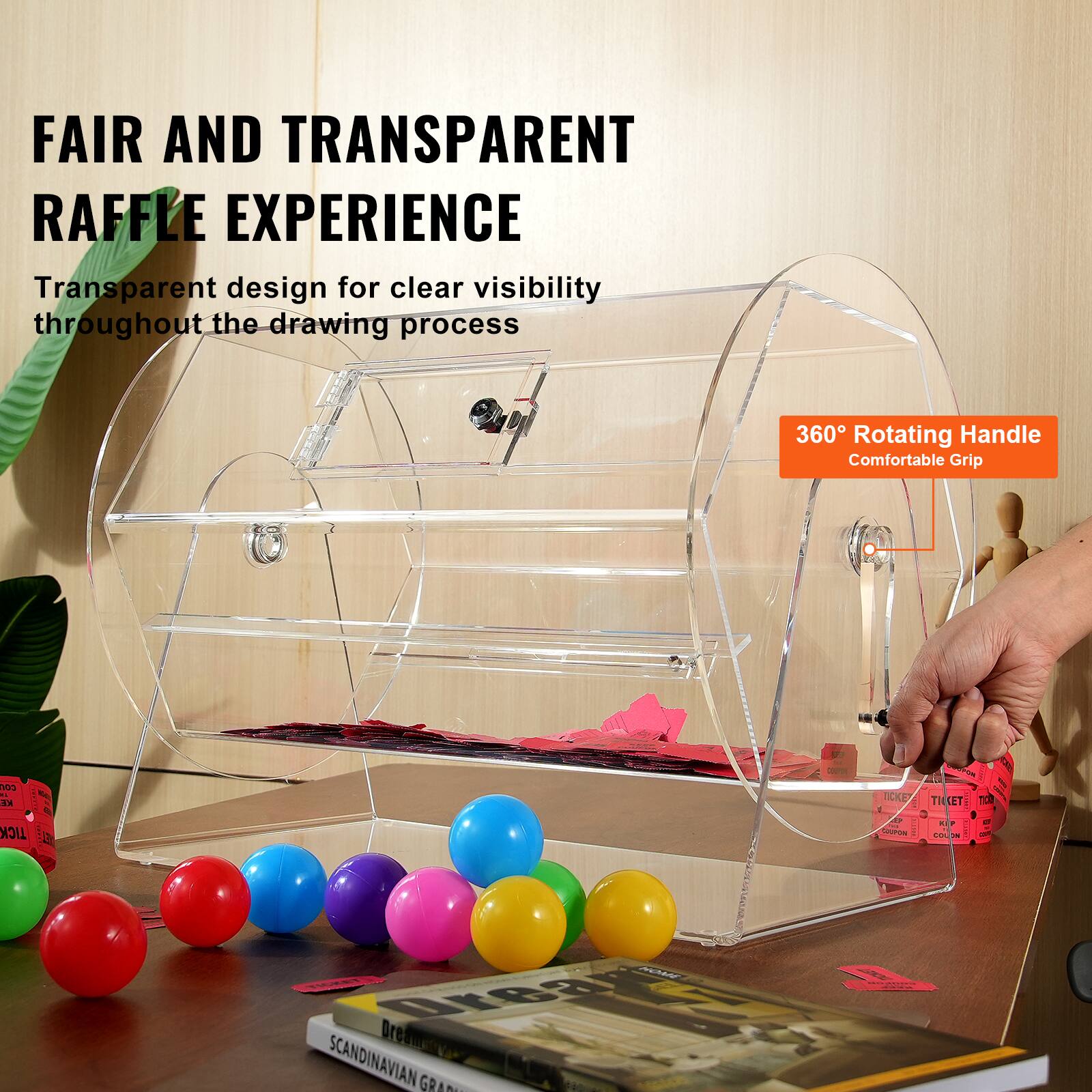 FAIR AND TRANSPARENT RAFFLE EXPERIENCE  
Transparent design for clear visibility throughout the drawing process  

360° Rotating Handle  
Comfortable Grip