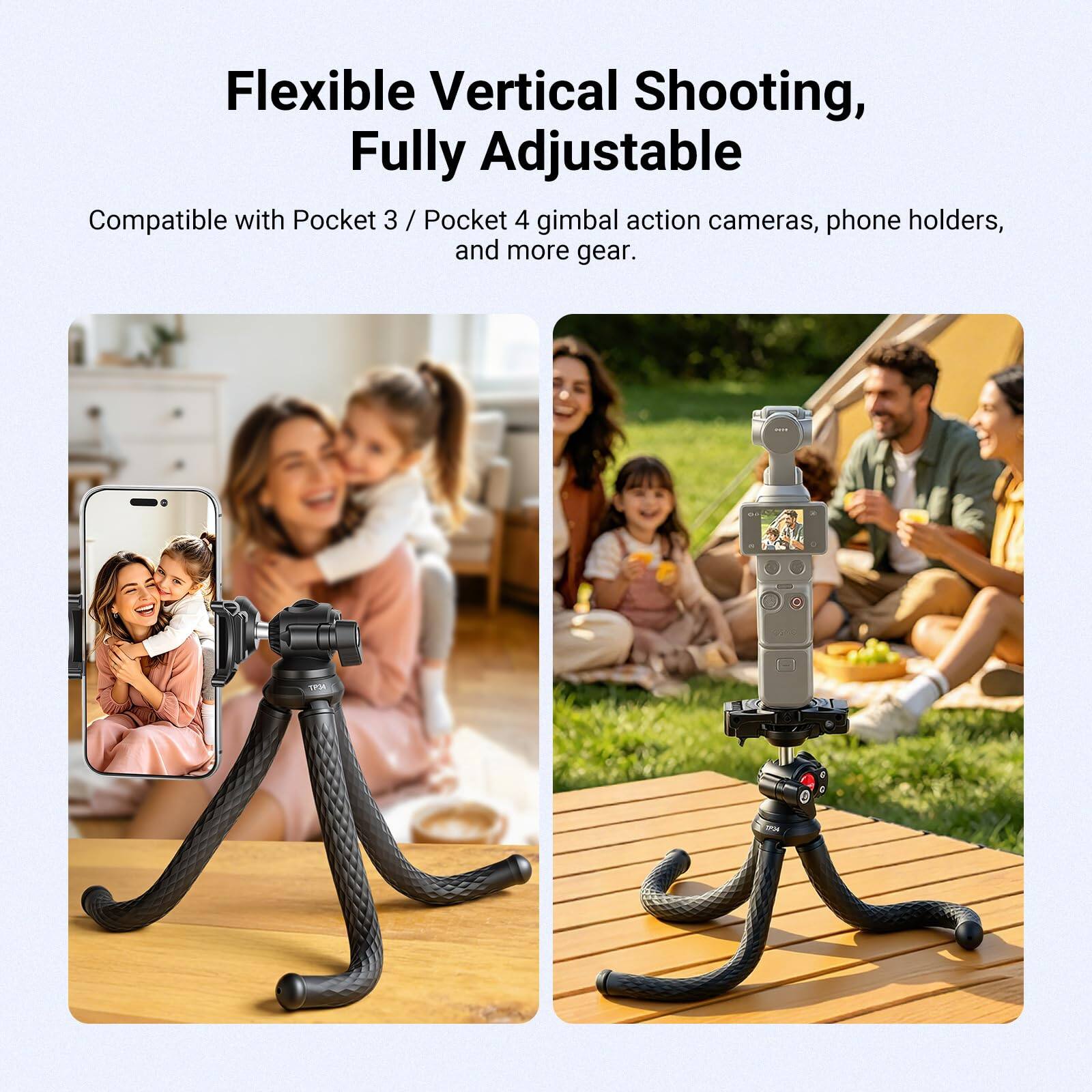 Flexible Vertical Shooting, Fully Adjustable

Compatible with Pocket 3 / Pocket 4 gimbal action cameras, phone holders, and more gear.