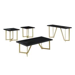 Best Quality Furniture - 4pc wood top coffee table set w/ gold color iron base (1 coffee+2End+1console table) - Black