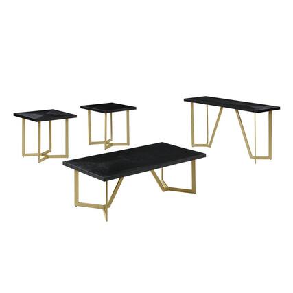 Front. Best Quality Furniture - 4pc Black wood top coffee table set w/ gold color iron base (1 coffee+2End+1console table) - Black.