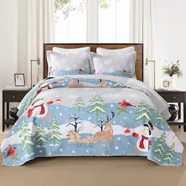 MarCielo - 3 Pcs Wonderland Polyester Reversible Bedspread Set Christmas Quilt Set - Multicolored